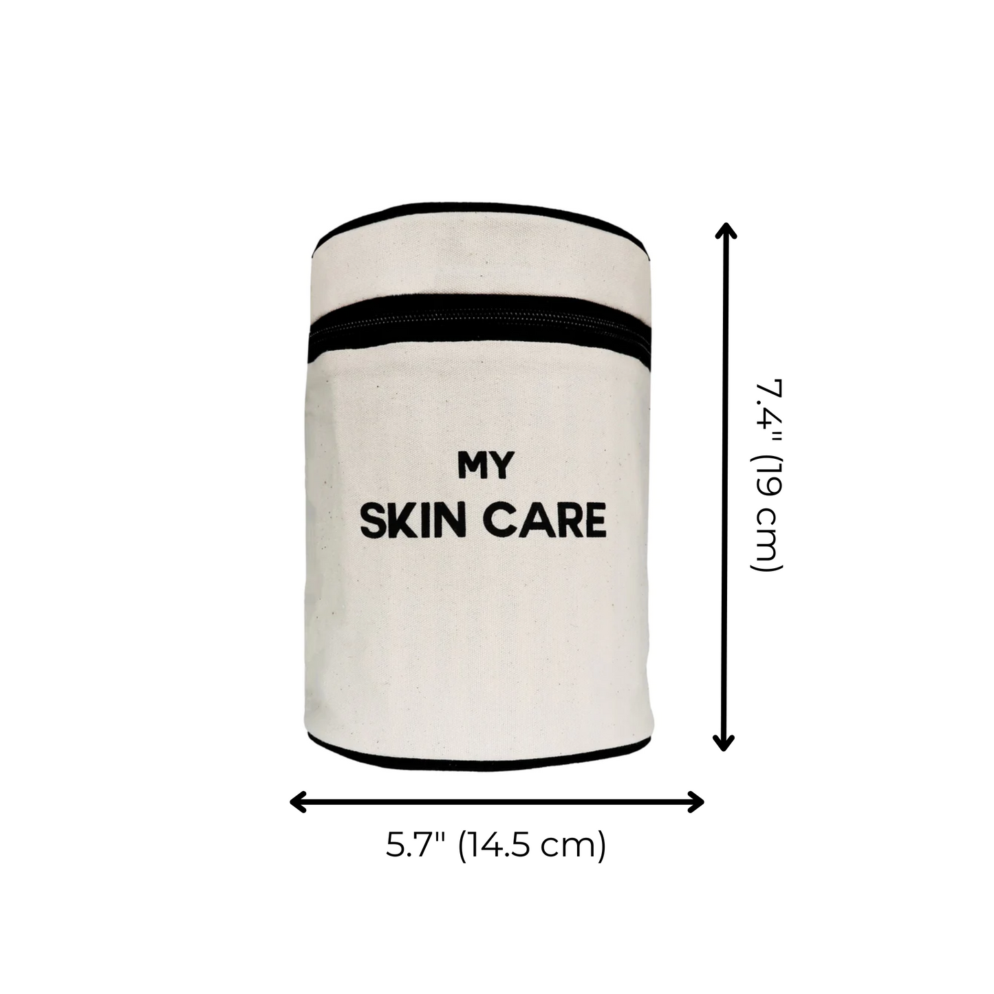 Bag-all Round My Skin Care Case in cream color with black stripes, cylindrical organizer featuring dimensions 14.5cm width and 19cm height, perfect for skincare storage