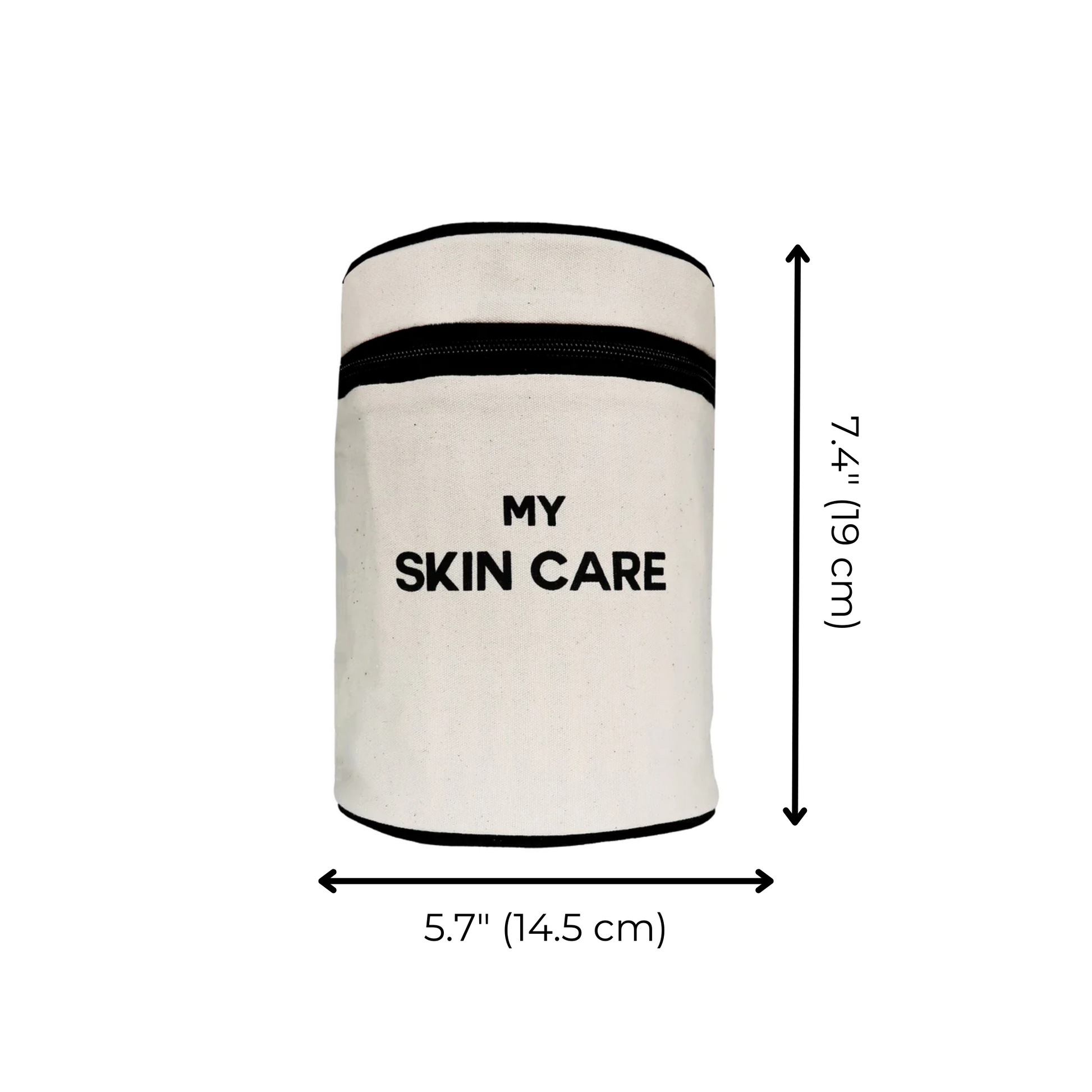 Bag-all Round My Skin Care Case in cream color with black stripes, cylindrical organizer featuring dimensions 14.5cm width and 19cm height, perfect for skincare storage