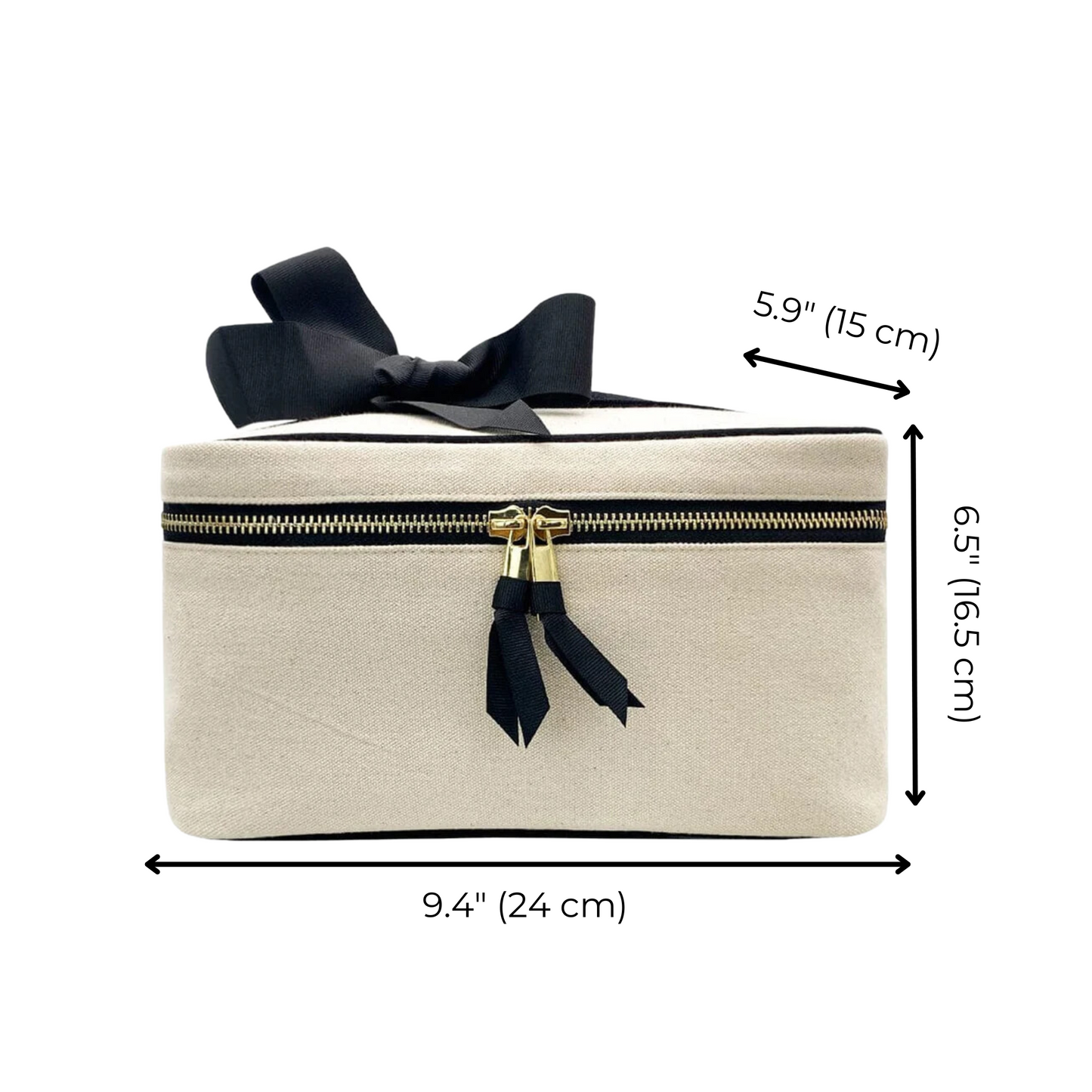 Bag-all Medium Box Makeup & Toiletry in cream cotton with black bow, gold zipper, and striped interior lining, perfect for travel organization