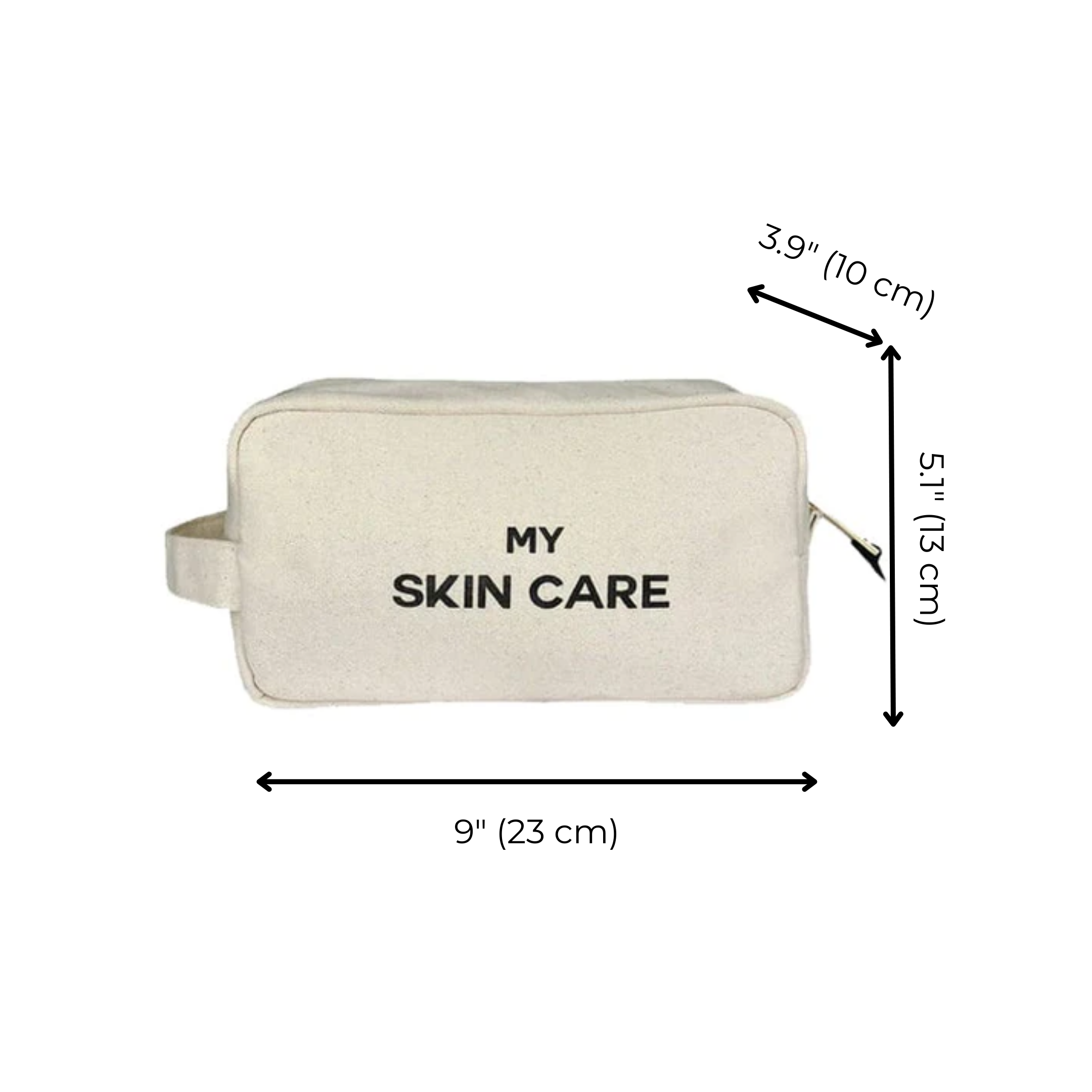 Bag-all My Skin Care Organizing Pouch in natural cotton canvas, waterproof lined, with dimensions 9x3.9x5.1 inches, perfect for skincare storage and travel