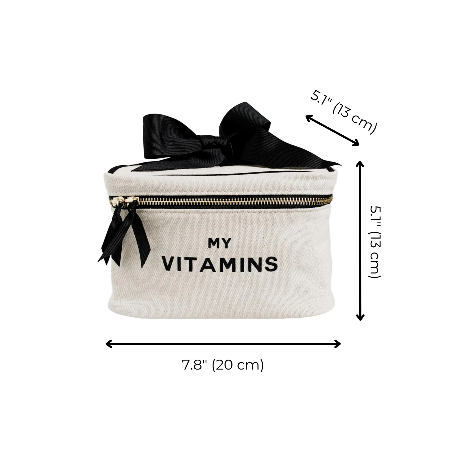 Bag-all Vitamins Storage and Travel Box in cream canvas with black bow, featuring My Vitamins text, zipper closure and dimensions 7.8x5.1x5.7 inches, perfect for organizing supplements