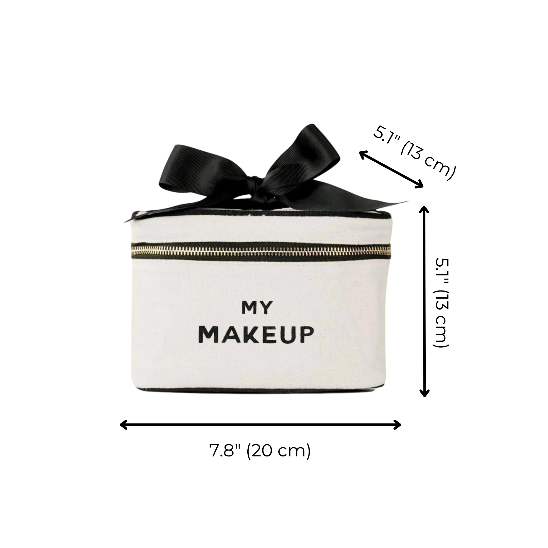 Bag-all My Makeup Cosmetic Box in cream with black bow, gold zipper detail, measuring 7.8x5.1x5.1 inches, perfect for organizing beauty essentials and travel