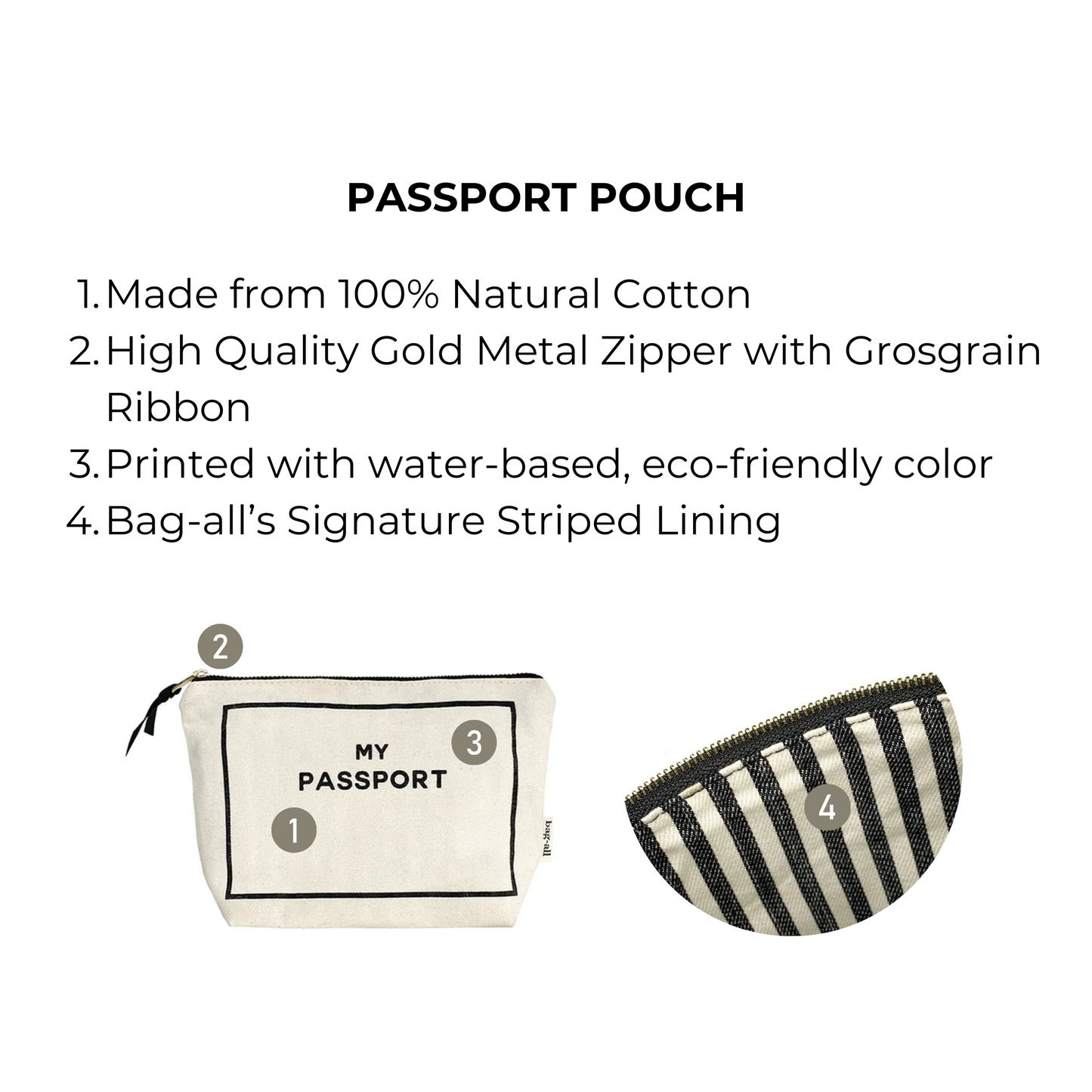 Bag-all Passport Pouch in cream cotton with gold zipper, featuring black 'My Passport' print and striped interior lining - perfect for organizing travel documents