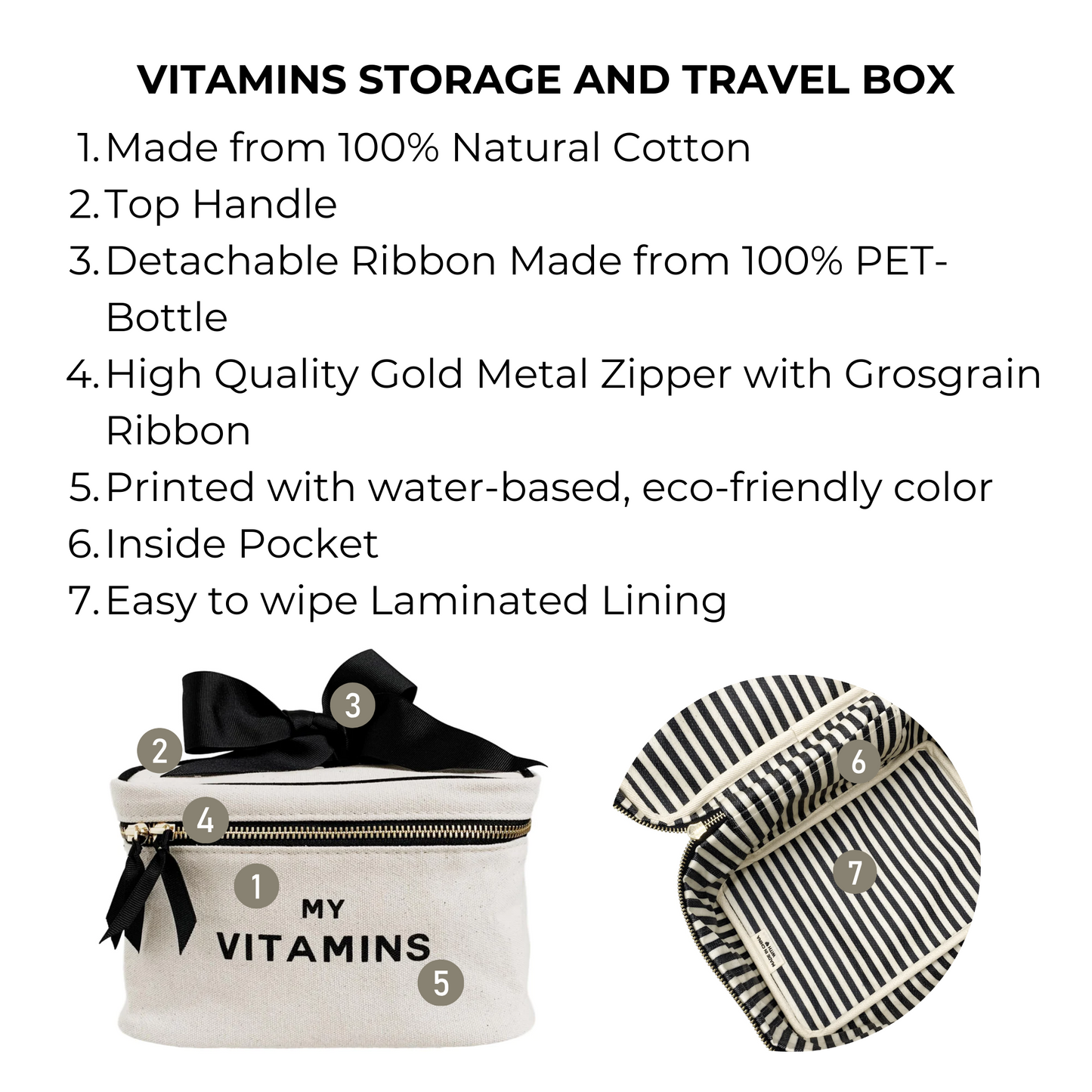 Bag-all Vitamins Storage and Travel Box in cream cotton with gold zipper, black bow detail, striped interior lining, and waterproof coating for organized supplement storage and travel