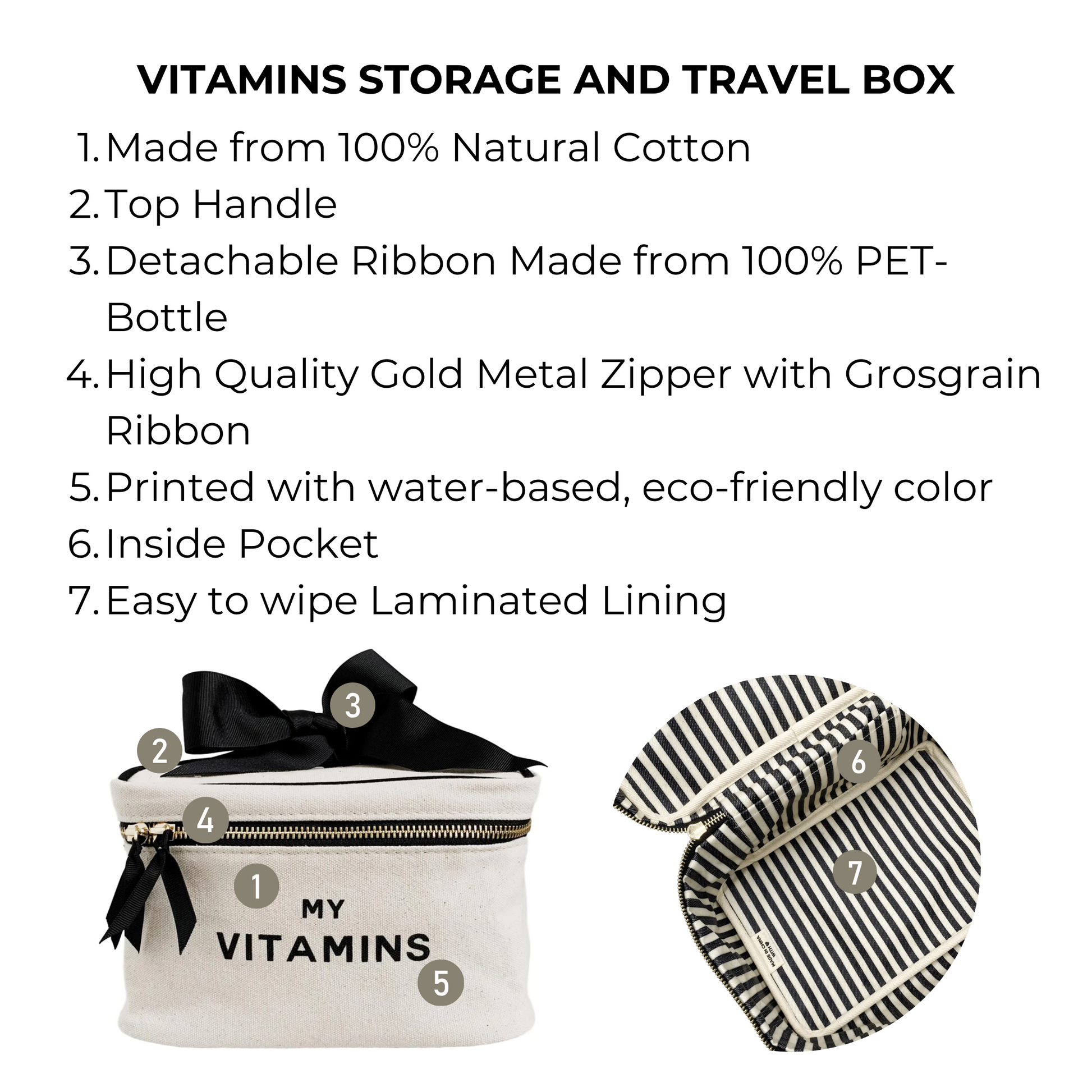 Bag-all Vitamins Storage and Travel Box in cream cotton with gold zipper, black bow detail, striped interior lining, and waterproof coating for organized supplement storage and travel