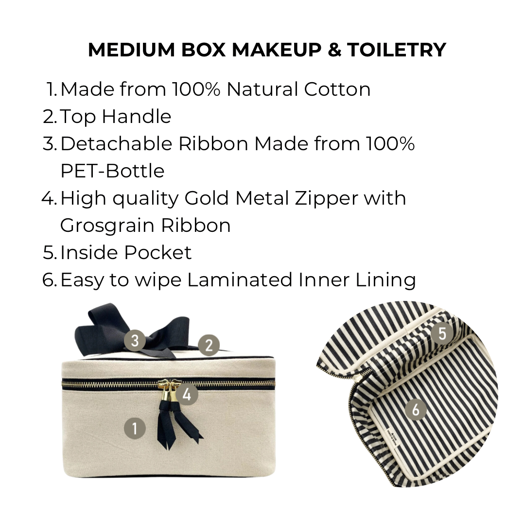 Bag-all Medium Box Makeup & Toiletry in cream cotton with gold zipper, striped laminated lining, detachable ribbon and inside pocket for organized travel essentials.