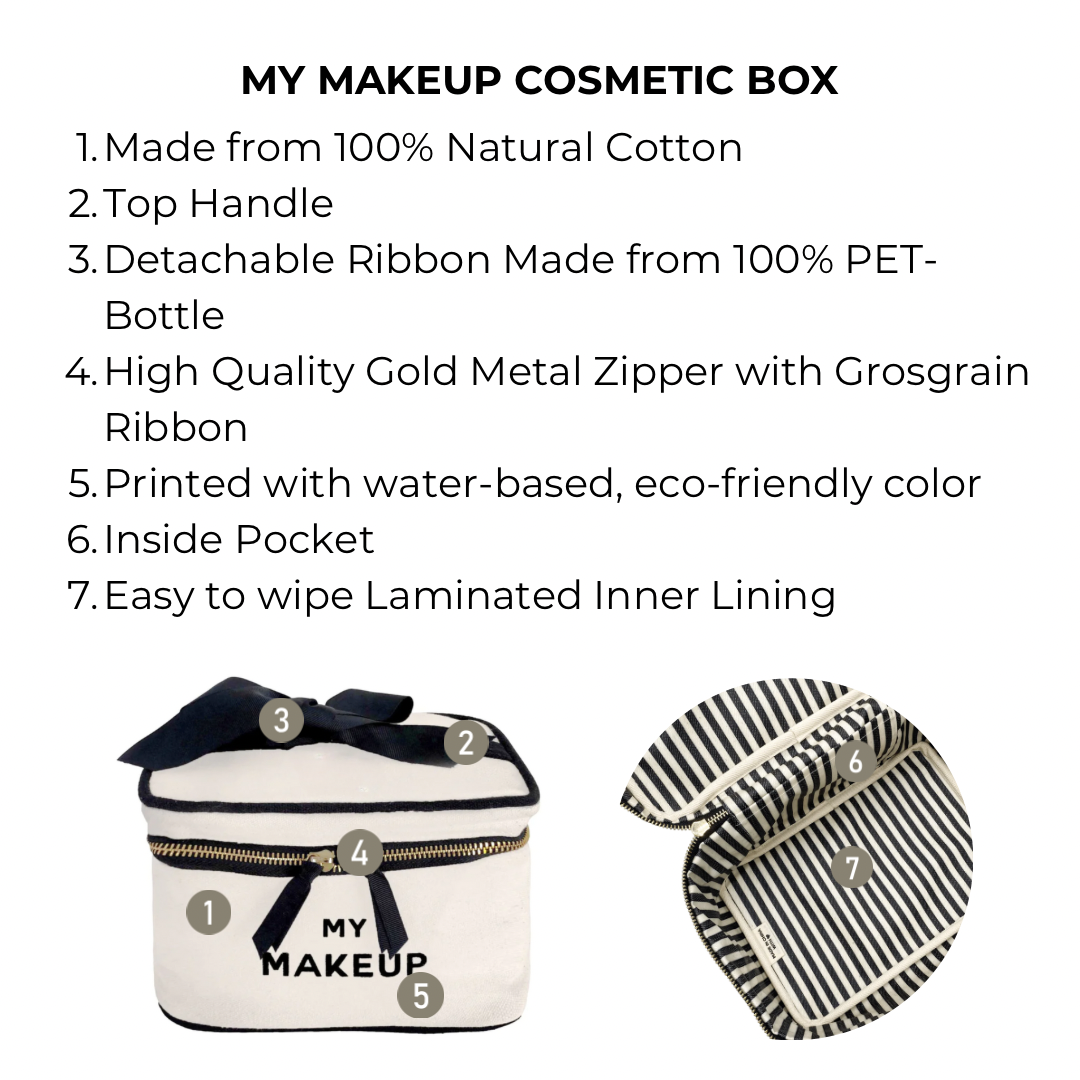 Bag-all My Makeup Cosmetic Box Cream featuring natural cotton construction, gold zipper, detachable ribbon, and striped waterproof interior with pocket for organized beauty storage