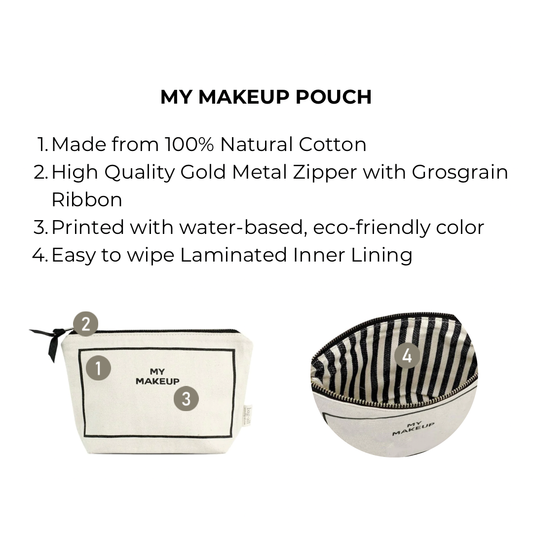 Bag-all My Makeup Pouch in cream cotton with waterproof lining, gold zipper and striped interior. Eco-friendly cosmetic case perfect for daily essentials and travel organization.