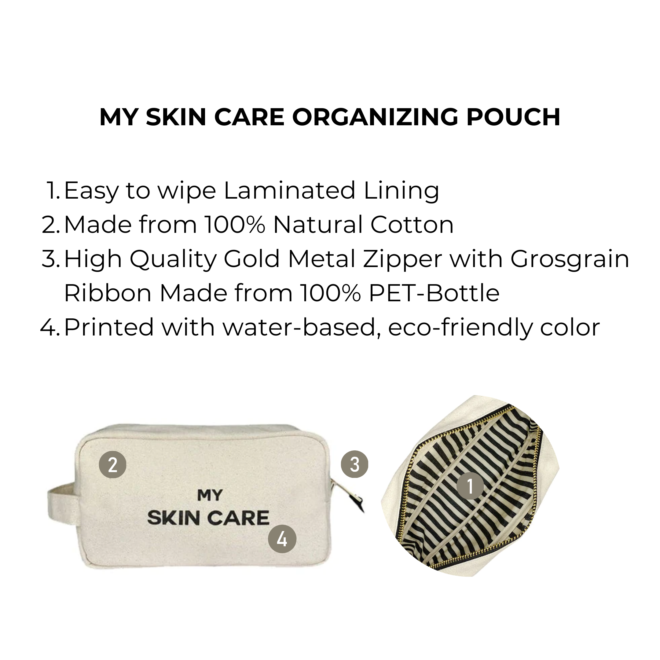 Bag-all My Skin Care Organizing Pouch - Cotton travel case with waterproof striped lining, gold zipper and handle for beauty products and toiletries storage