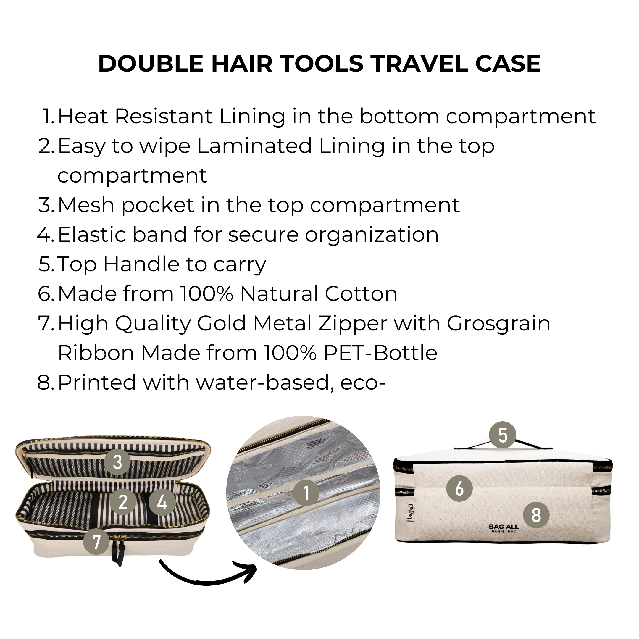 Bag-all Double Hair Tools Travel Case in cream with heat-resistant lining, elastic bands, and mesh pocket. Premium cotton organizer featuring gold zipper and eco-friendly materials for styling tools storage