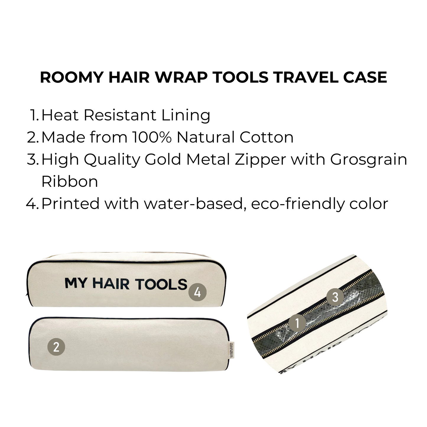 Bag-all Roomy Hair Wrap Tools Travel Case in cream features heat-resistant lining, natural cotton construction, and gold metal zipper for storing Airwrap and styling tools