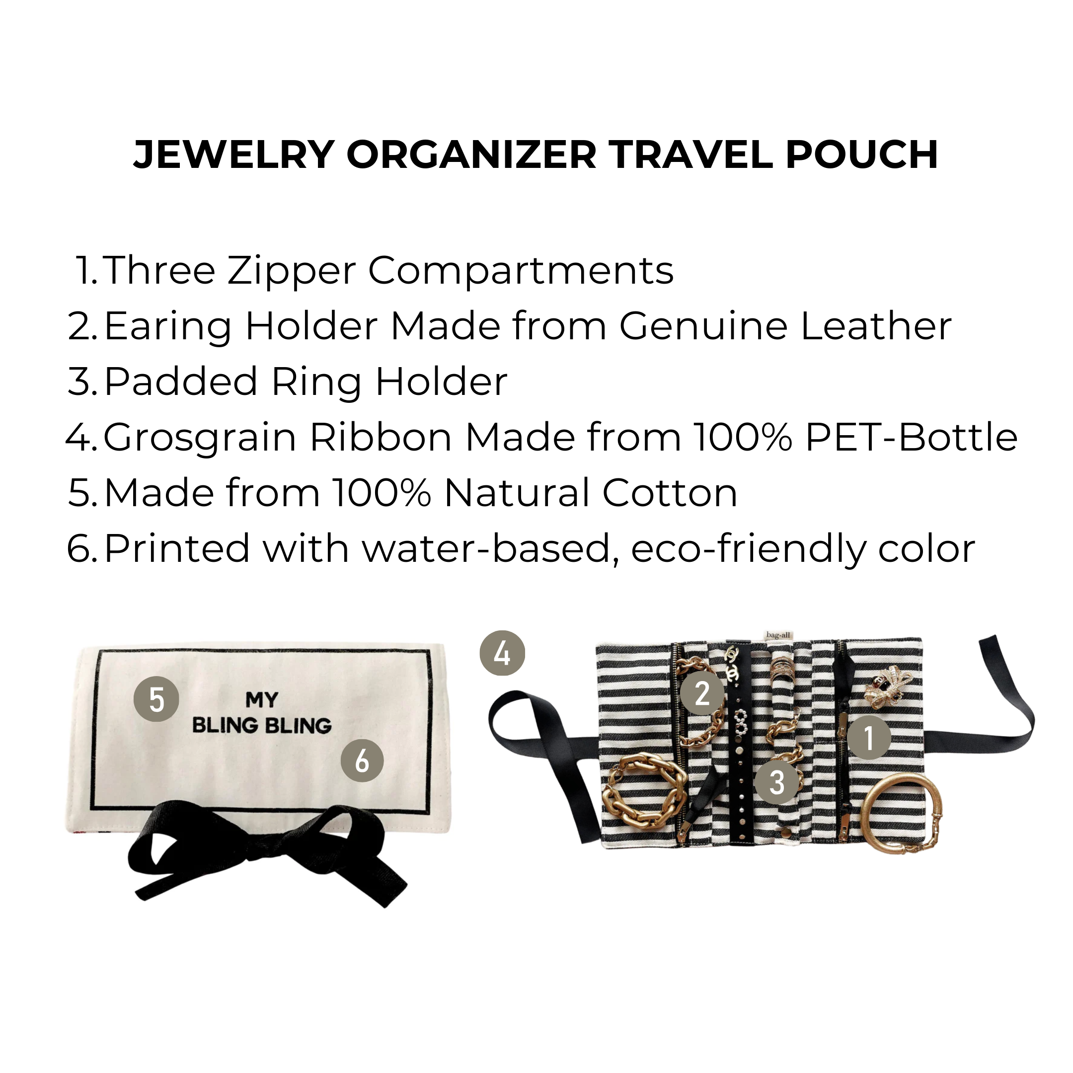 Bag-all Jewelry Organizer Travel Pouch in cream features three zipper compartments, leather earring holder, padded ring storage, striped interior, and eco-friendly black bow for elegant jewelry organization