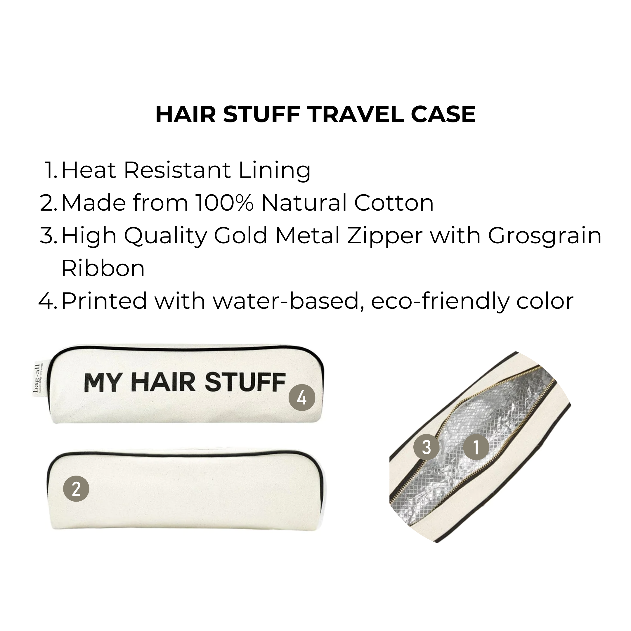 Bag-all Hair Stuff Travel Case in cream with heat-resistant lining, gold metal zipper, and natural cotton construction - perfect for organizing hair tools and accessories