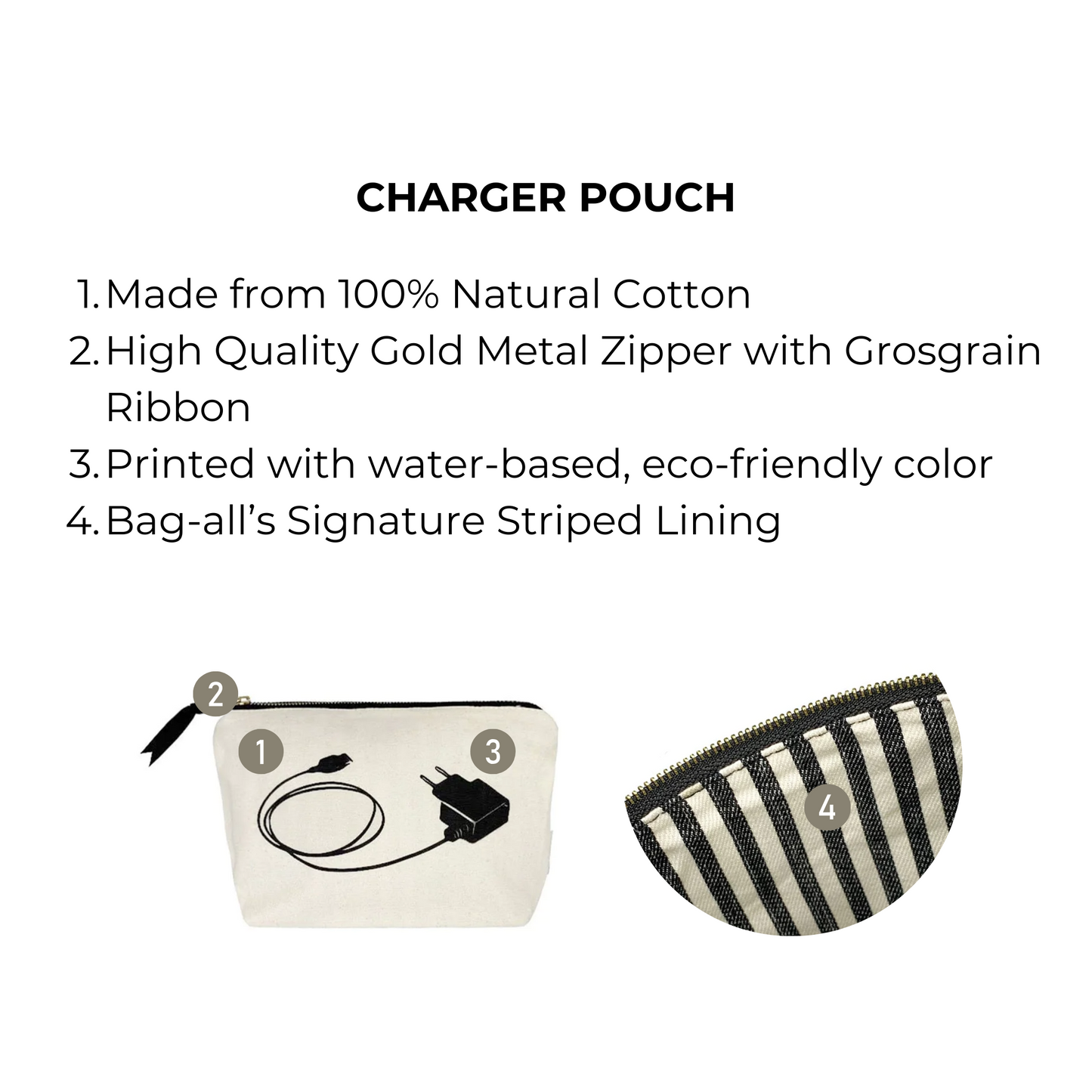 Bag-all Charger Pouch in cream cotton with striped lining, featuring gold zipper and eco-friendly charger print design, perfect for organizing cables and cords