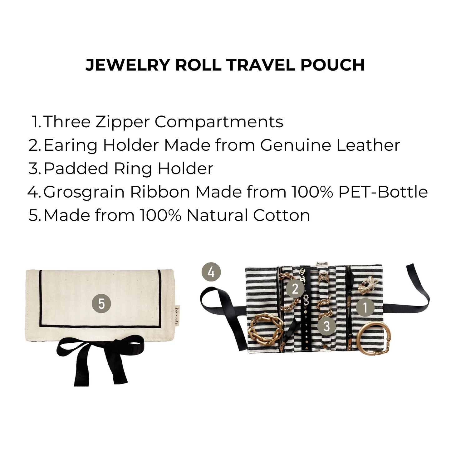 Bag-all Couture Jewelry Roll Medium Cream with striped lining features three zipper compartments, leather earring holder and padded ring storage, made from natural cotton with PET ribbon closure