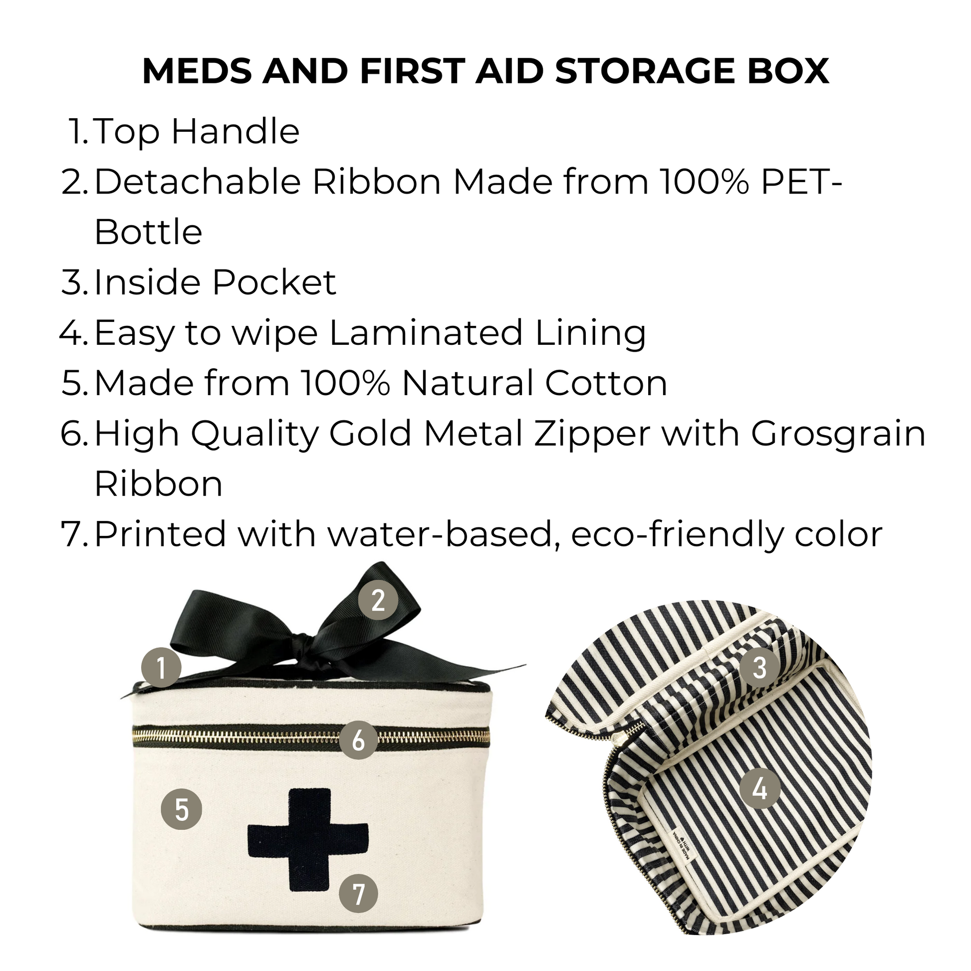 Bag-all Meds and First Aid Storage Box in cream cotton with black cross, featuring striped lining, gold zipper, top handle and recycled PET ribbon for stylish medical organization