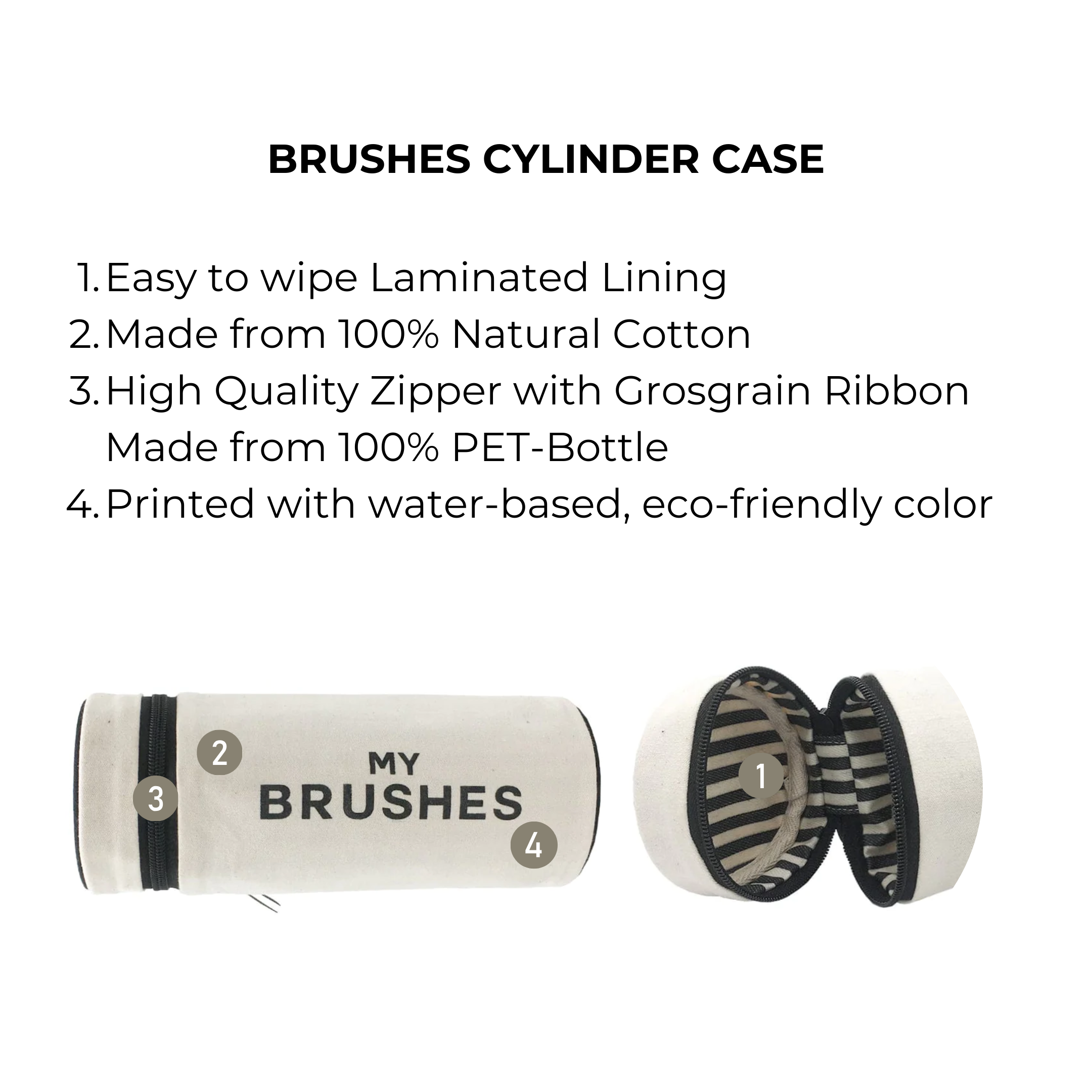 Bag-all Brushes Cylinder Case - Eco-friendly cotton organizer with laminated lining and recycled zipper for makeup brush storage. Sustainable beauty organization solution.