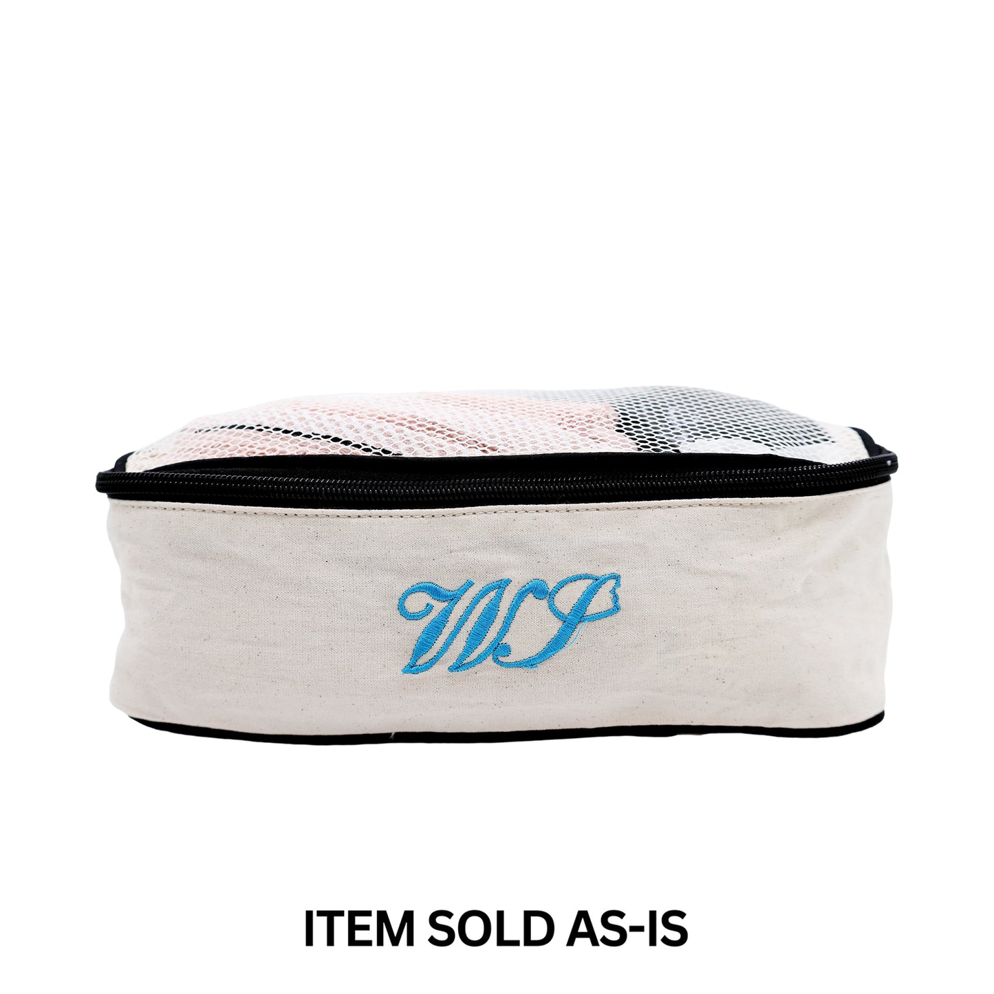 Bag-all cream medium cotton packing cube with faulty blue WS monogram, final sale item sold as-is for organized travel.