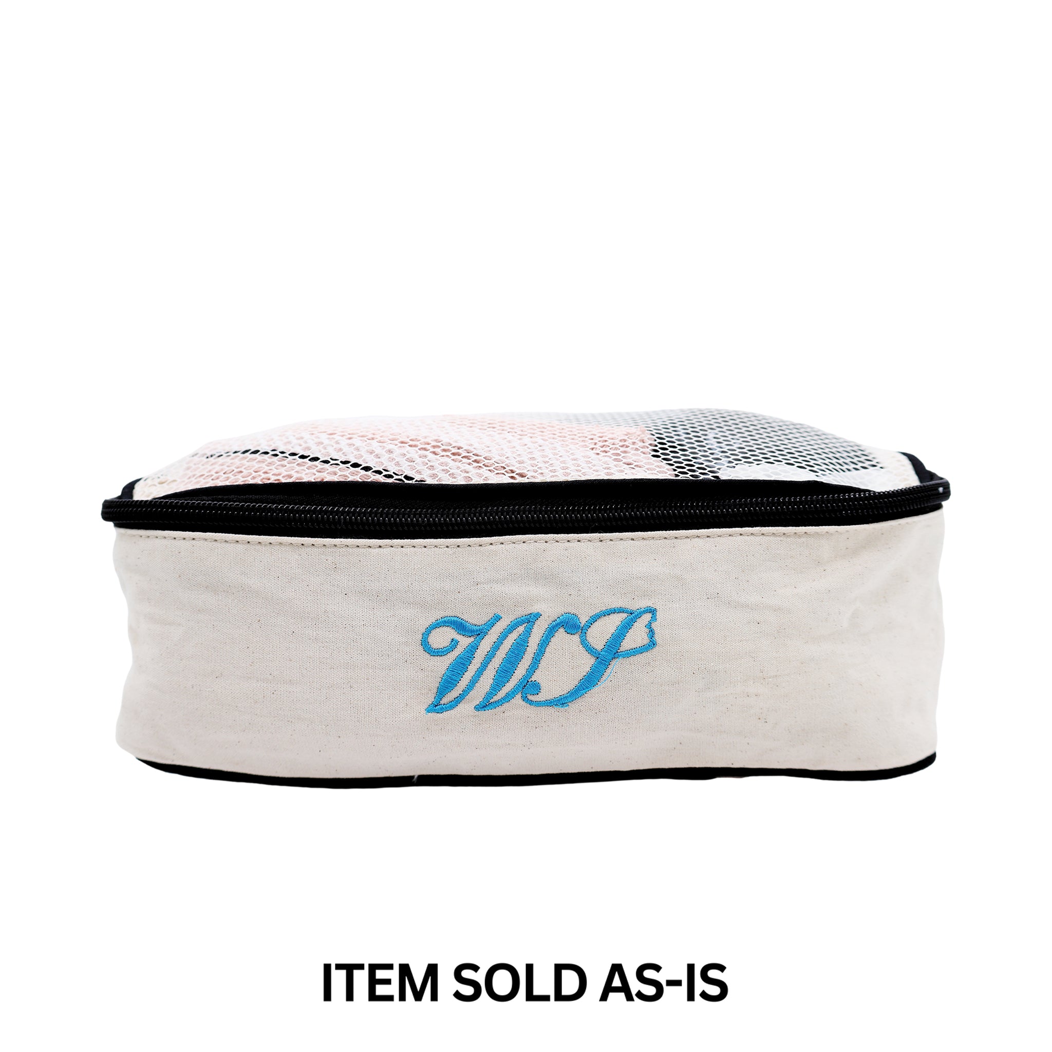 Bag-all cream medium cotton packing cube with faulty blue WS monogram, final sale item sold as-is for organized travel.