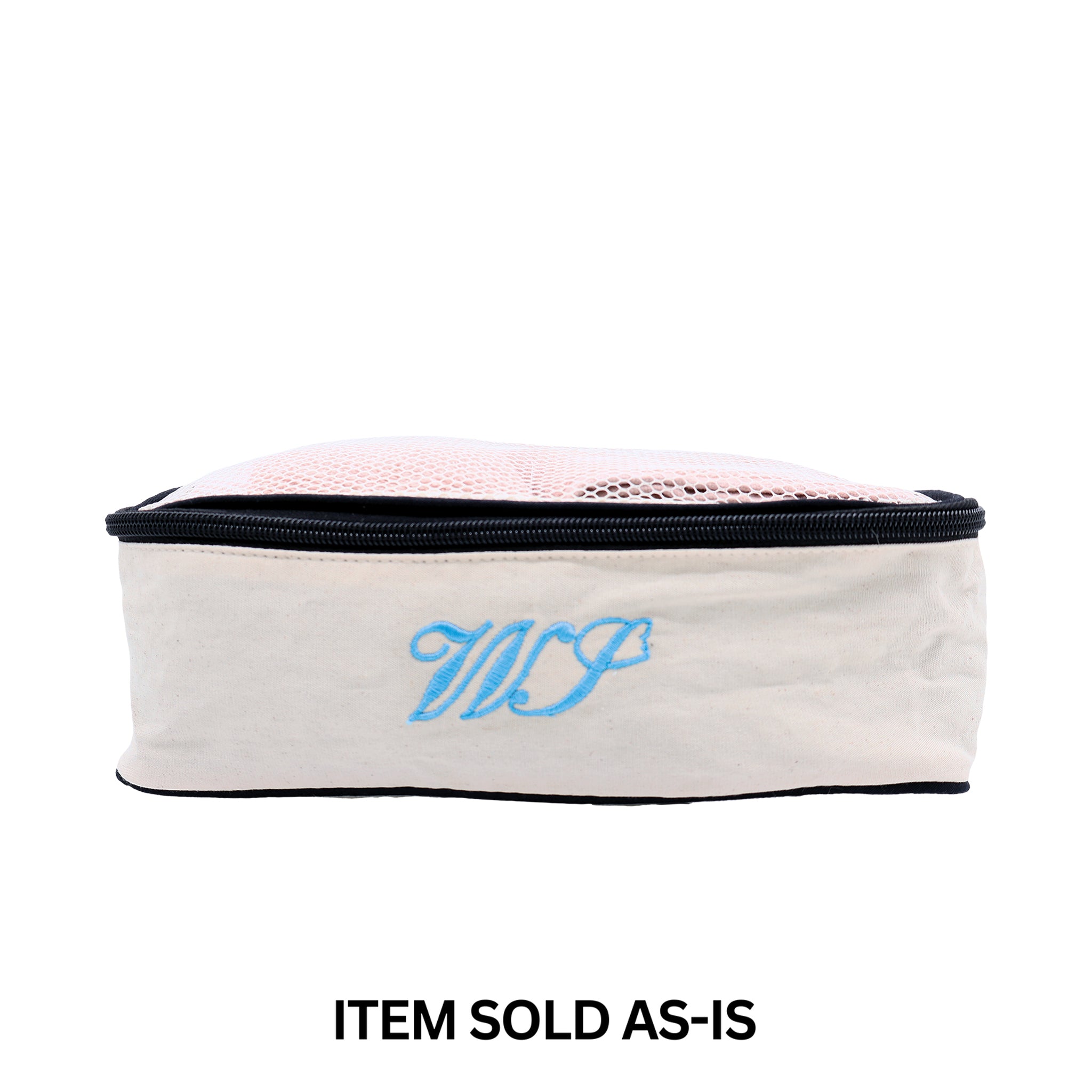 Cream medium cotton packing cube with faulty blue WS monogram, zipper top, Bag-all final sale item sold as-is