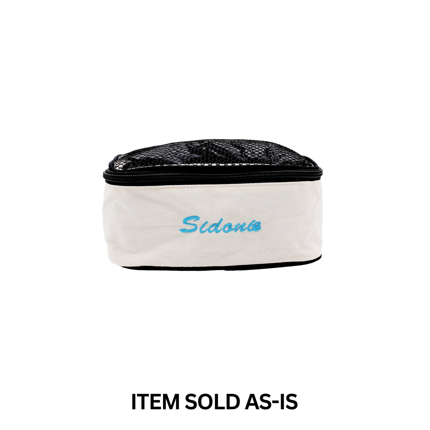 Small cream cotton packing cube with faulty blue Sidonie monogram by Bag-all, final sale item sold as-is