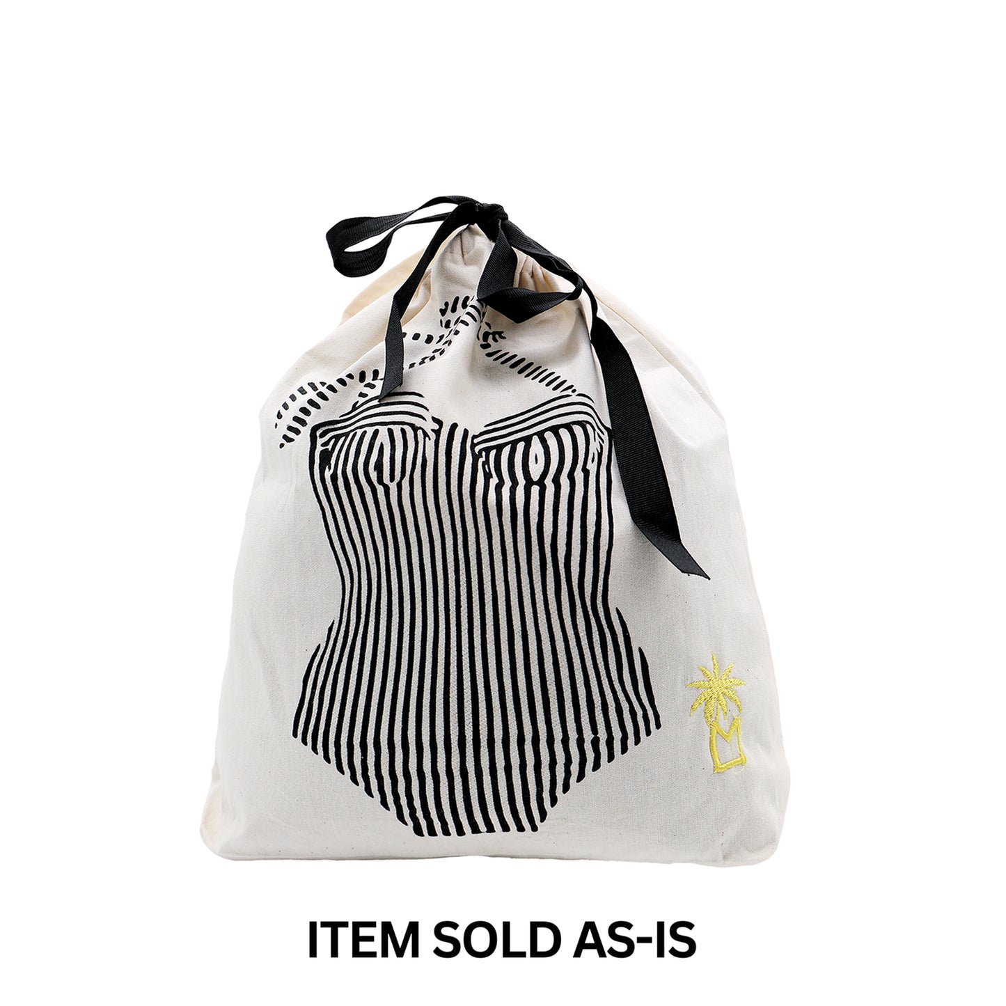 Cream swimsuit travel bag with black striped swimsuit print and black tie by Bag-all for stylish storage