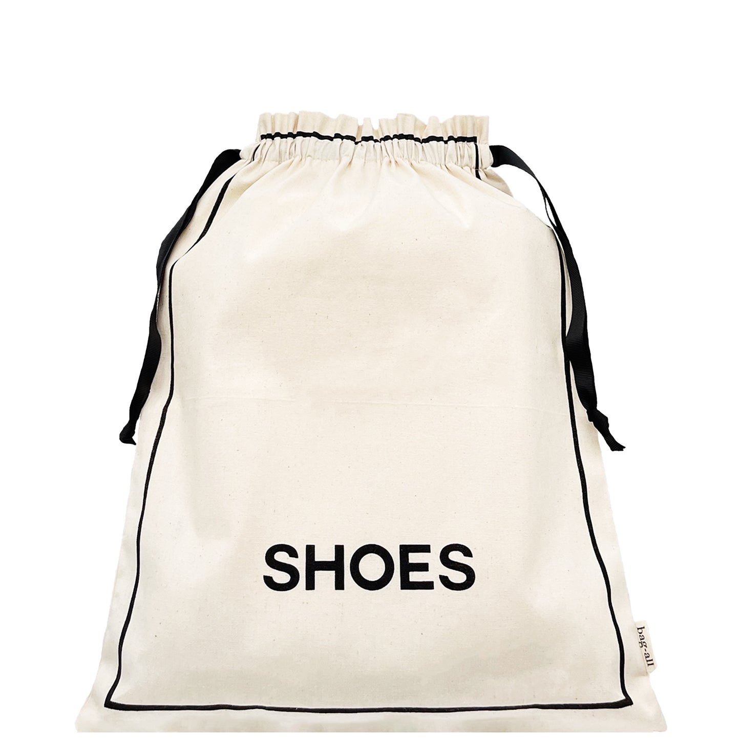 Bag-all Couture Shoe Travel Bag in cream cotton with black drawstring closure and 'SHOES' text print, perfect for organized footwear storage and travel
