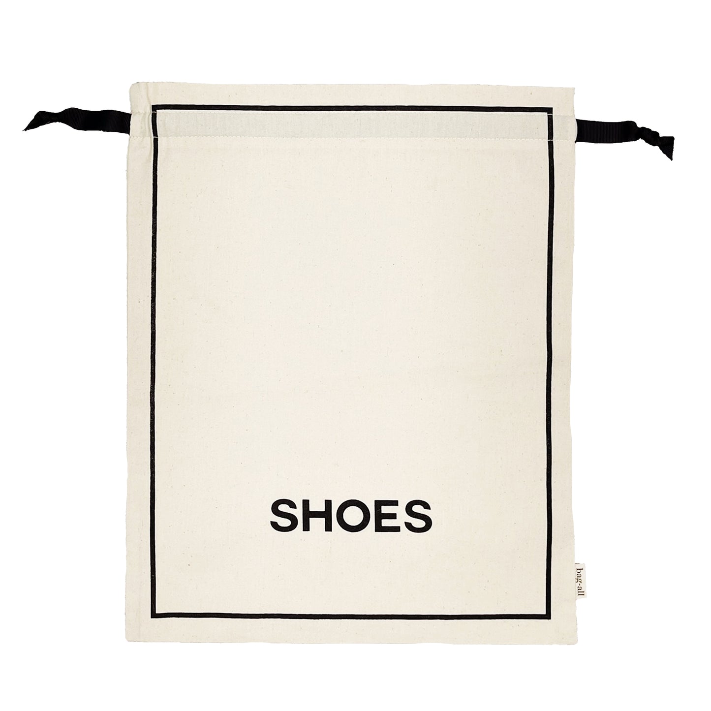 Bag-all Couture Shoe Travel Bag in cream cotton with black border and SHOES text, featuring drawstring closure for elegant footwear storage and organization