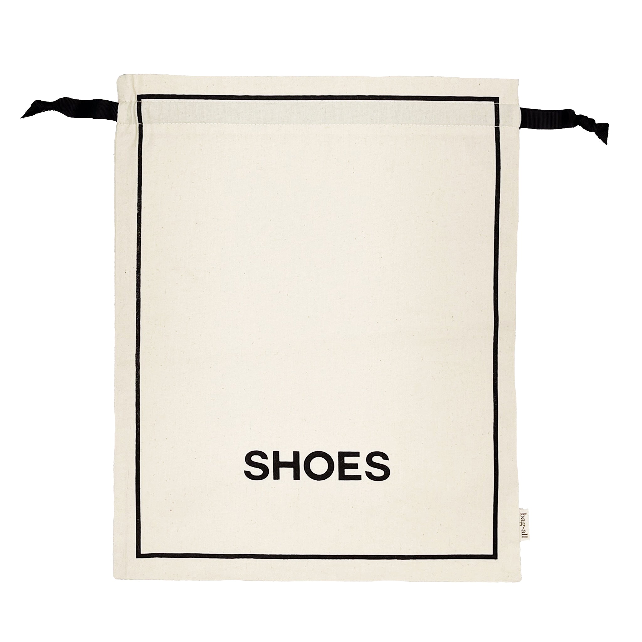 Bag-all Couture Shoe Travel Bag in cream cotton with black border and SHOES text, featuring drawstring closure for elegant footwear storage and organization
