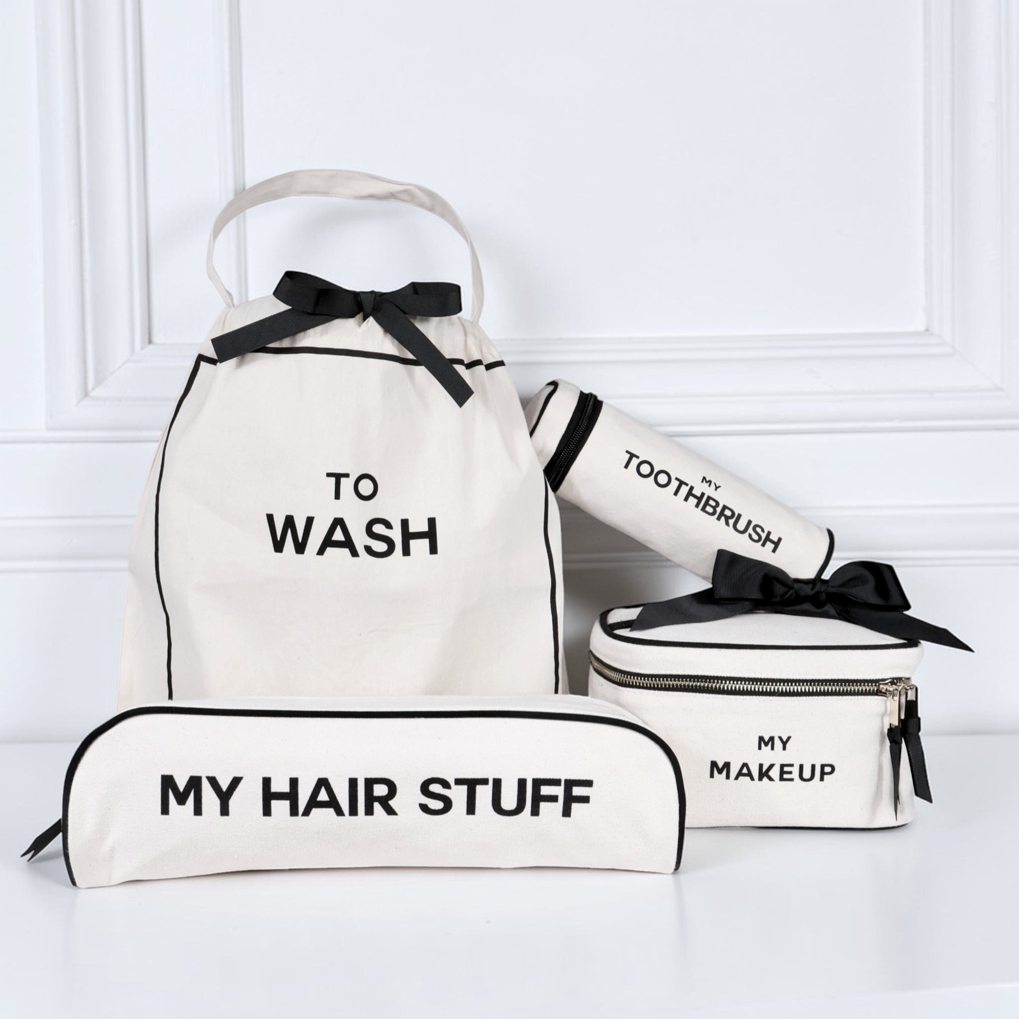 Deal Gift Set, 4-pack Travel & Home, Cream by Bag-all, Paris-designed personalized cotton bags for stylish travel and home organization.