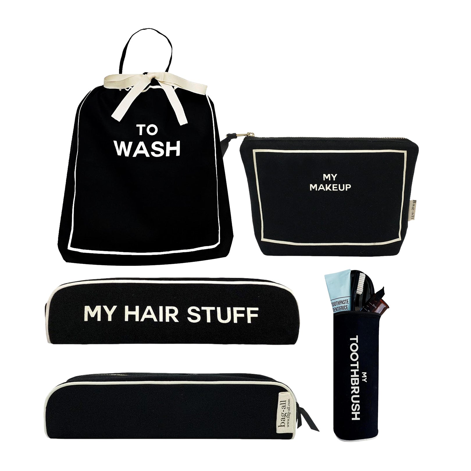 Bag-all black travel organizer set featuring To Wash bag, My Makeup case, My Hair Stuff pouch, and toothbrush holder - perfect for organized travel essentials