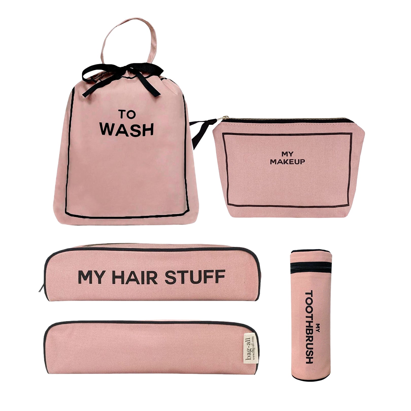 Bag-all pink travel organizer set featuring 'To Wash' bag, 'My Makeup' pouch, 'My Hair Stuff' case, and toothbrush holder in stylish blush canvas with black text and trim