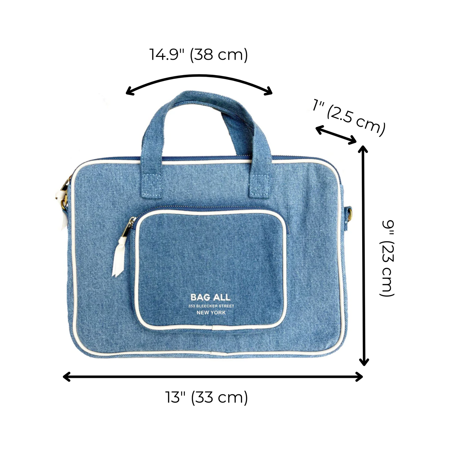 Bag-all Denim Laptop Case 13" with dimensions shown - 13" width x 9" height featuring charger pocket, gold chain strap, and white piping trim detail. Padded sleeve with measurements labeled.