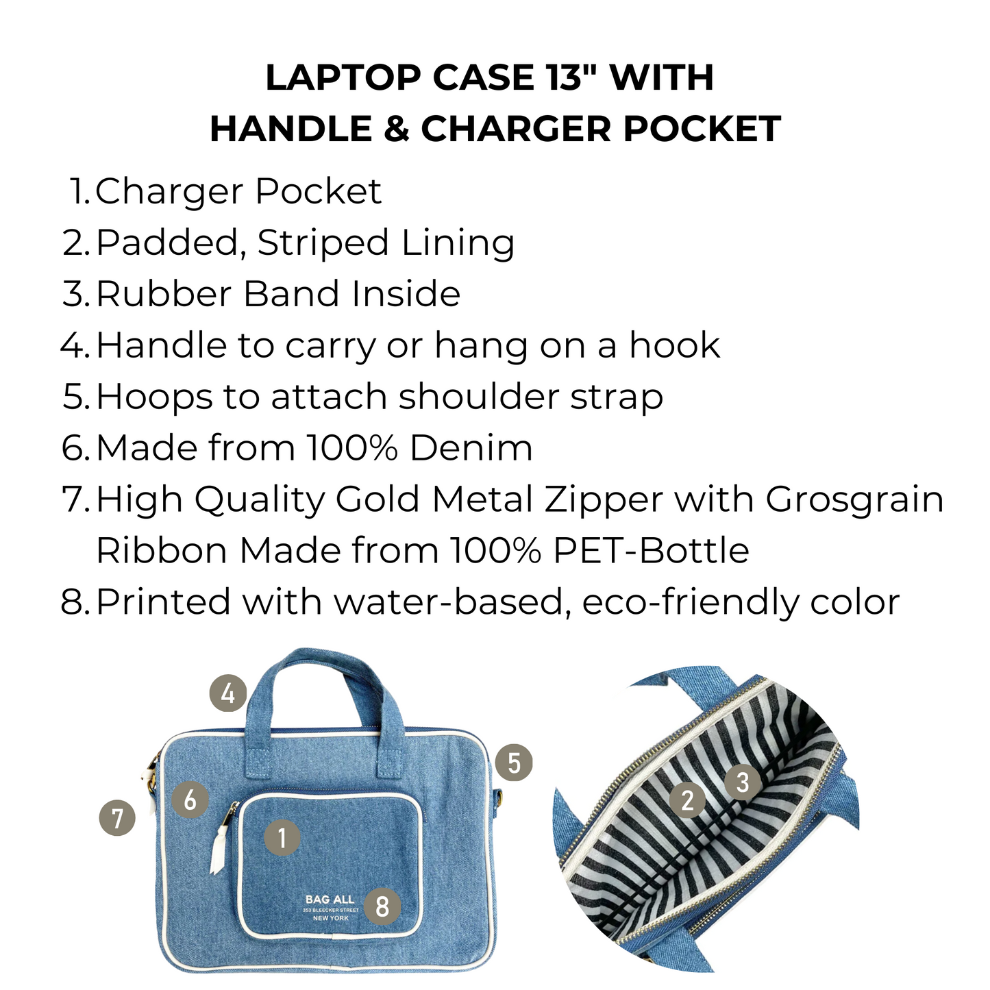 Bag-all Laptop Case 13" in denim with charger pocket, striped lining, gold chain strap and handle. Features padded interior, gold metal zippers and eco-friendly construction.