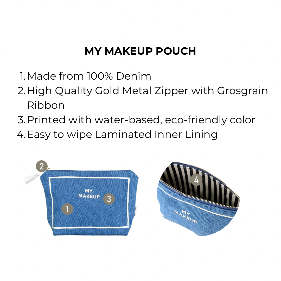 Bag-all My Makeup Pouch in denim with waterproof striped lining, gold zipper, and eco-friendly printing, perfect for organizing daily beauty essentials and brushes