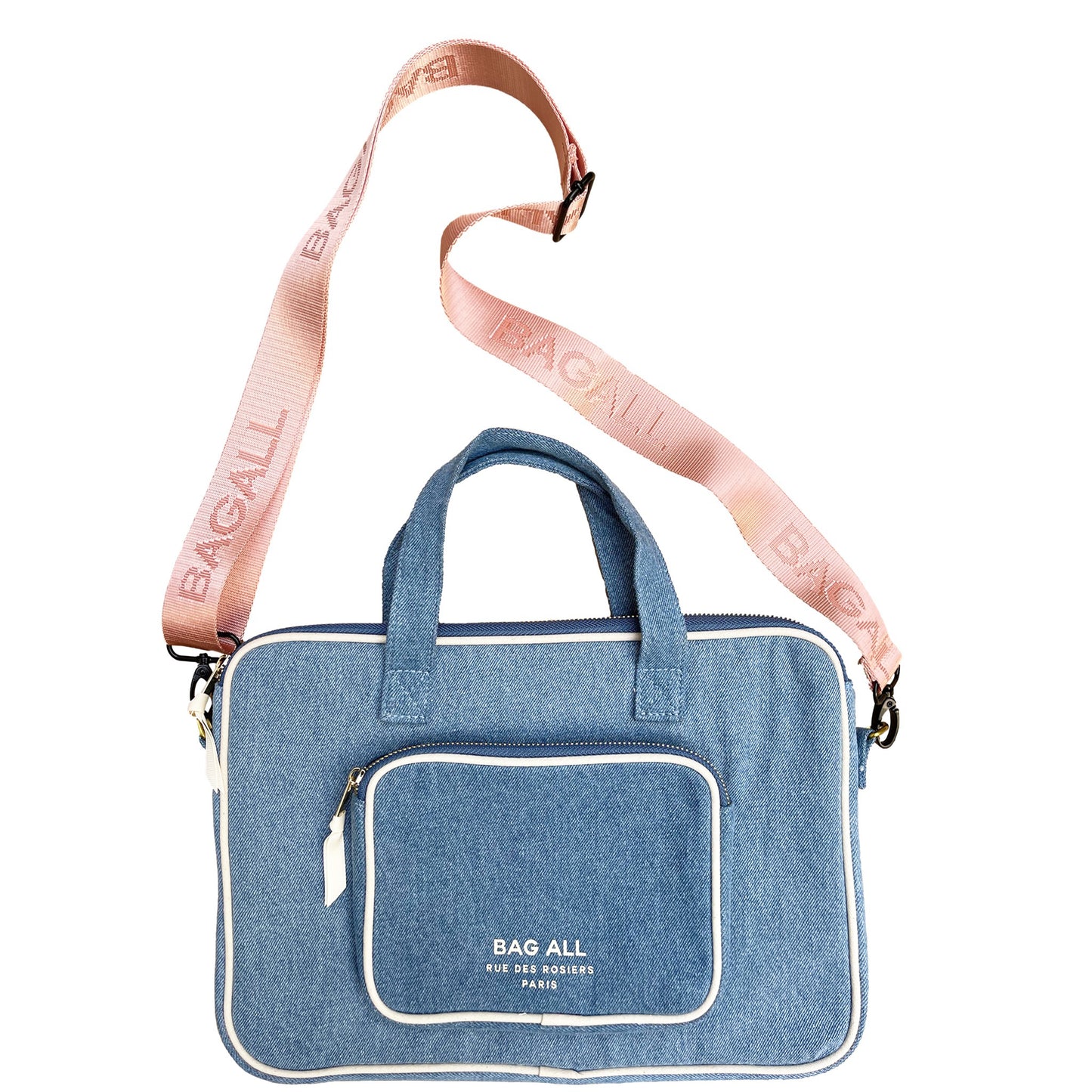 Bag-all Laptop Case 13" in denim blue with pink strap, featuring charger pocket, gold chain, and striped interior. Stylish protective sleeve with crossbody option for 11-13" devices.