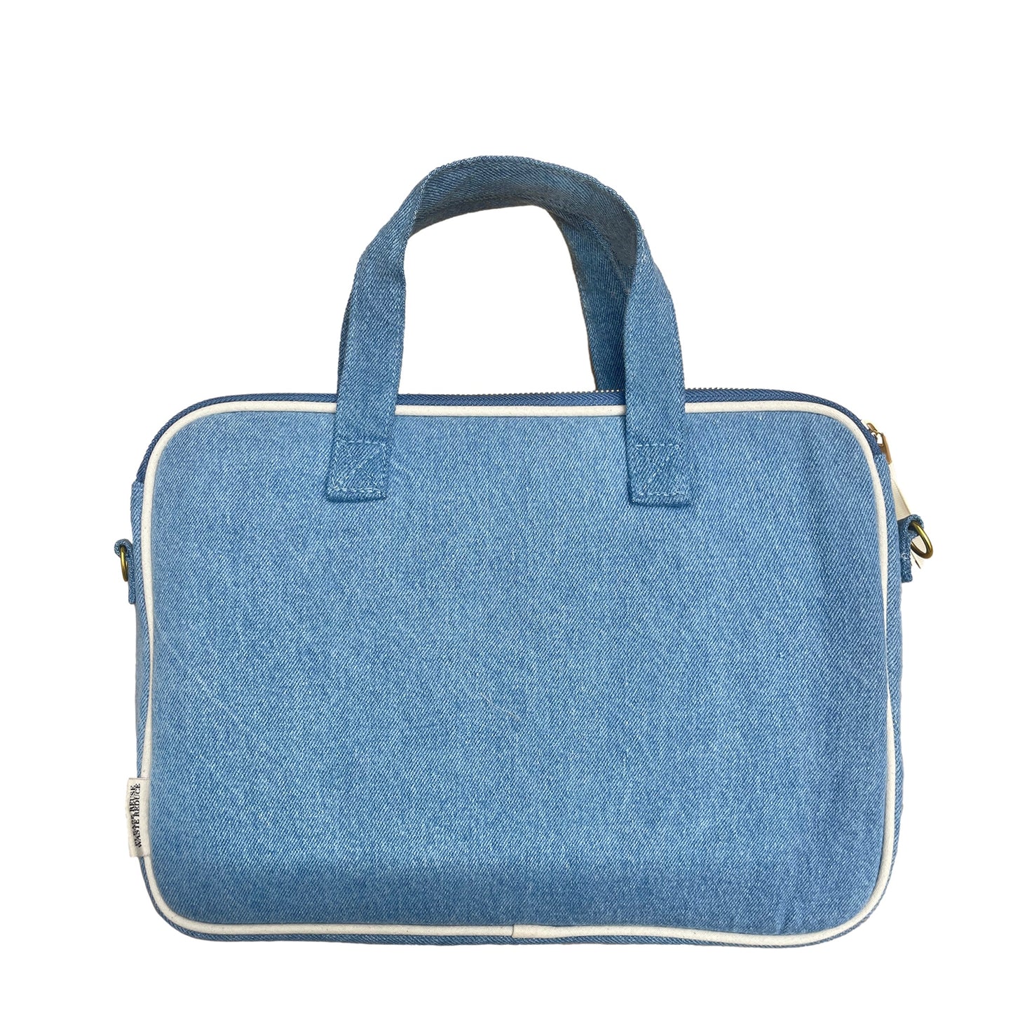 Bag-all Laptop Case 13" in stylish denim with white piping, gold chain strap, charger pocket, dual handles. Padded sleeve with striped interior for 11-13" devices.