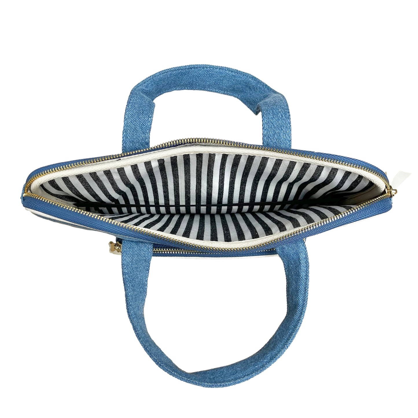 Bag-all Laptop Case 13" in denim with striped interior, featuring charger pocket, gold chain strap, double handles and premium gold zippers. Perfect for 11-13" devices.