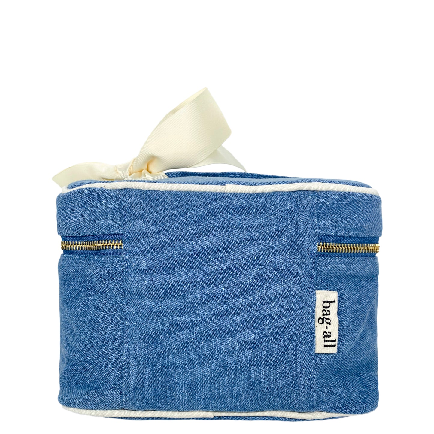 Bag-all My Makeup Cosmetic Box in stylish denim with cream bow, featuring dual zippers and waterproof interior - perfect for organizing beauty essentials at home or travel