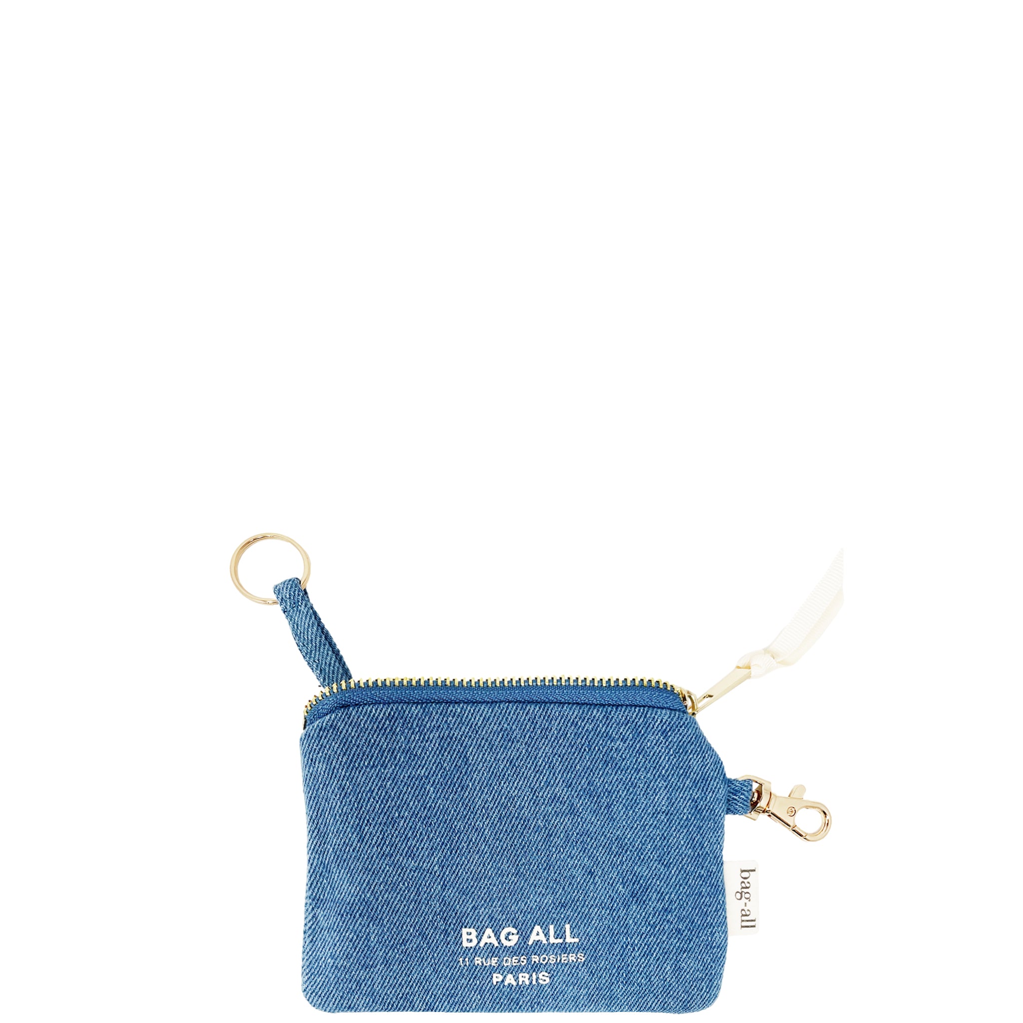Bag-all Mini Trinket Pouch in Denim with gold hardware, keyring attachment and zipper closure. Compact organizer for small essentials. Monogrammable denim fabric.