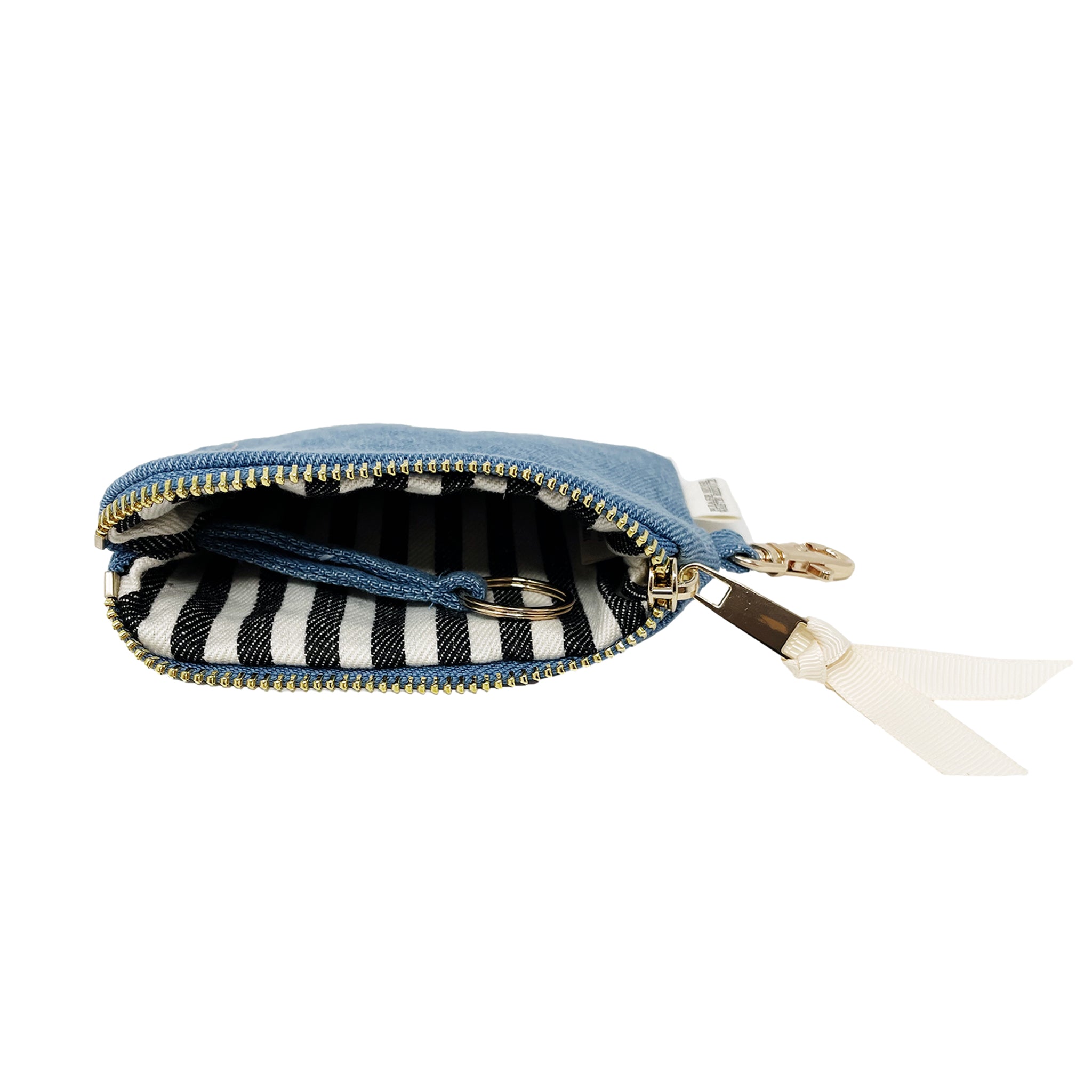 Bag-all Mini Trinket Pouch in Denim with striped interior lining, gold zipper, white ribbon pull and clasp attachment. Compact organizer for small essentials from Bag-all collection.