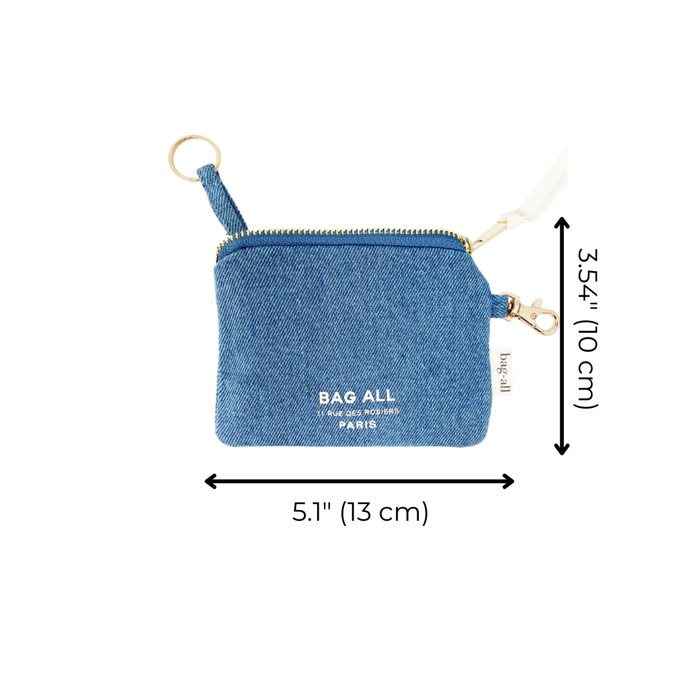 Bag-all Mini Trinket Pouch in Denim featuring zip closure, keyring holder and outside clasp. Compact denim organizer with monogram option, measures 5.1 x 3.54 inches.
