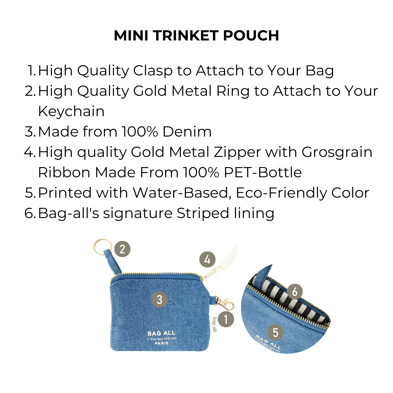 Bag-all Mini Trinket Pouch in denim with gold metal clasp, keyring holder and striped lining. Features eco-friendly materials and water-based printing. Perfect organizer for small items.