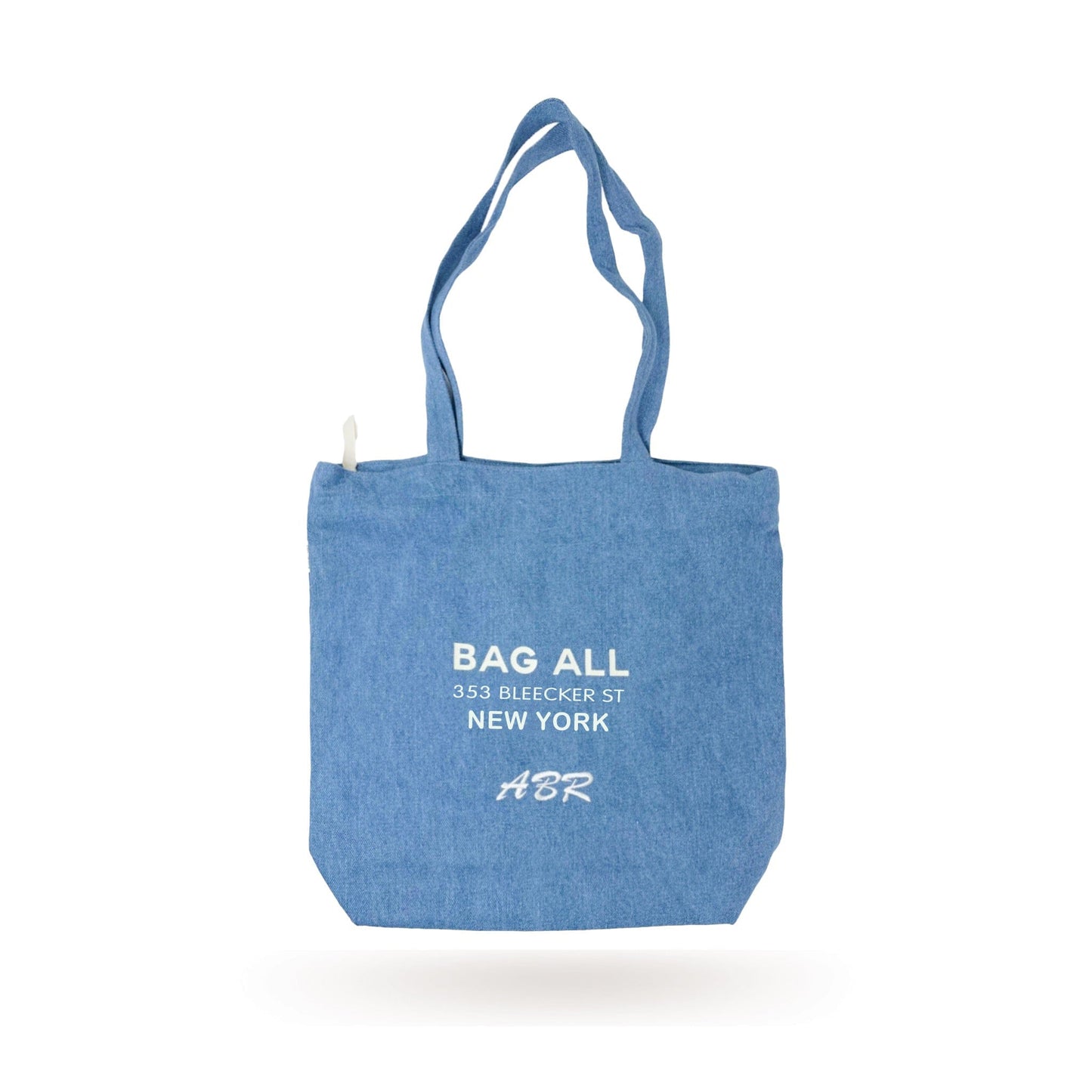 Bag-all New York City Denim Tote with interior pocket and zipper, featuring 353 Bleecker St address logo, lightweight eco-friendly canvas design for everyday use