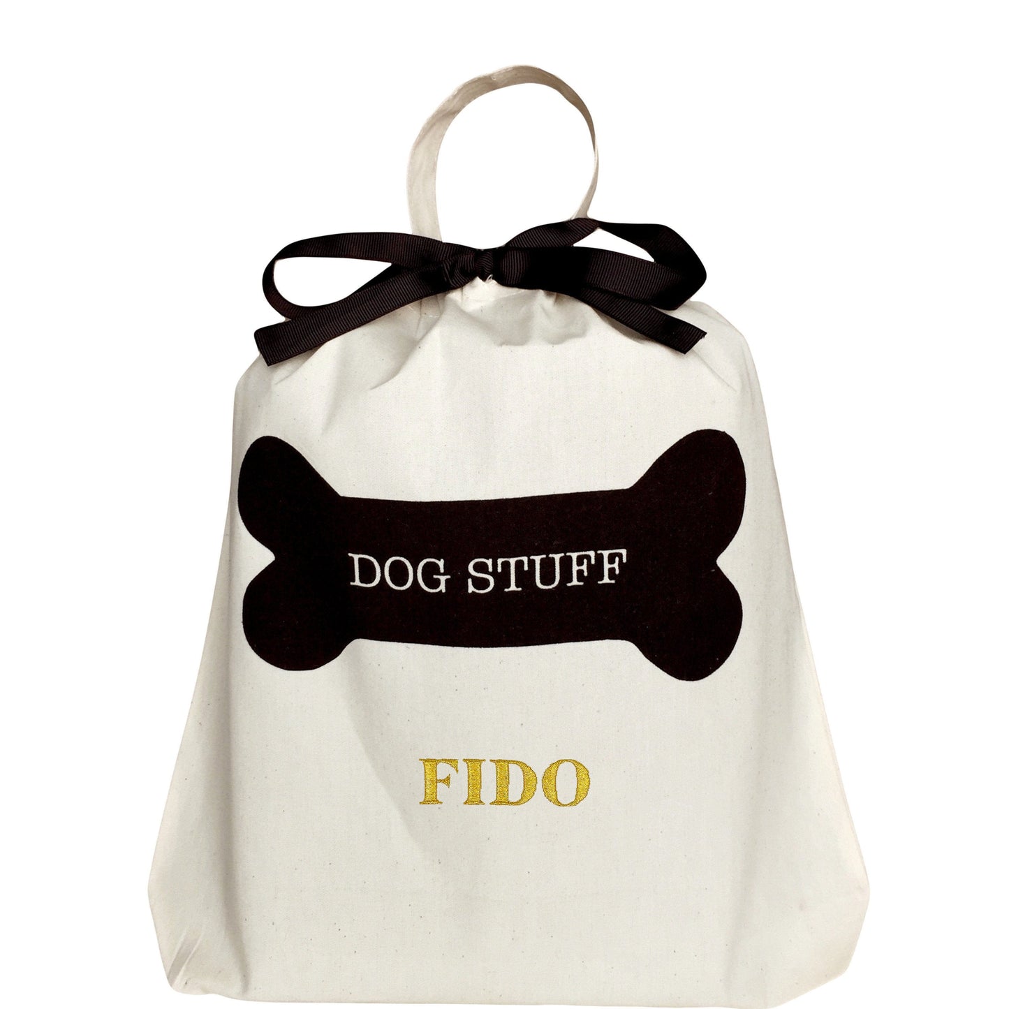 Bag-all Dog Stuff Bag in cream cotton with black bone design and customizable name. Features elegant black bow and handle for pet accessories storage.