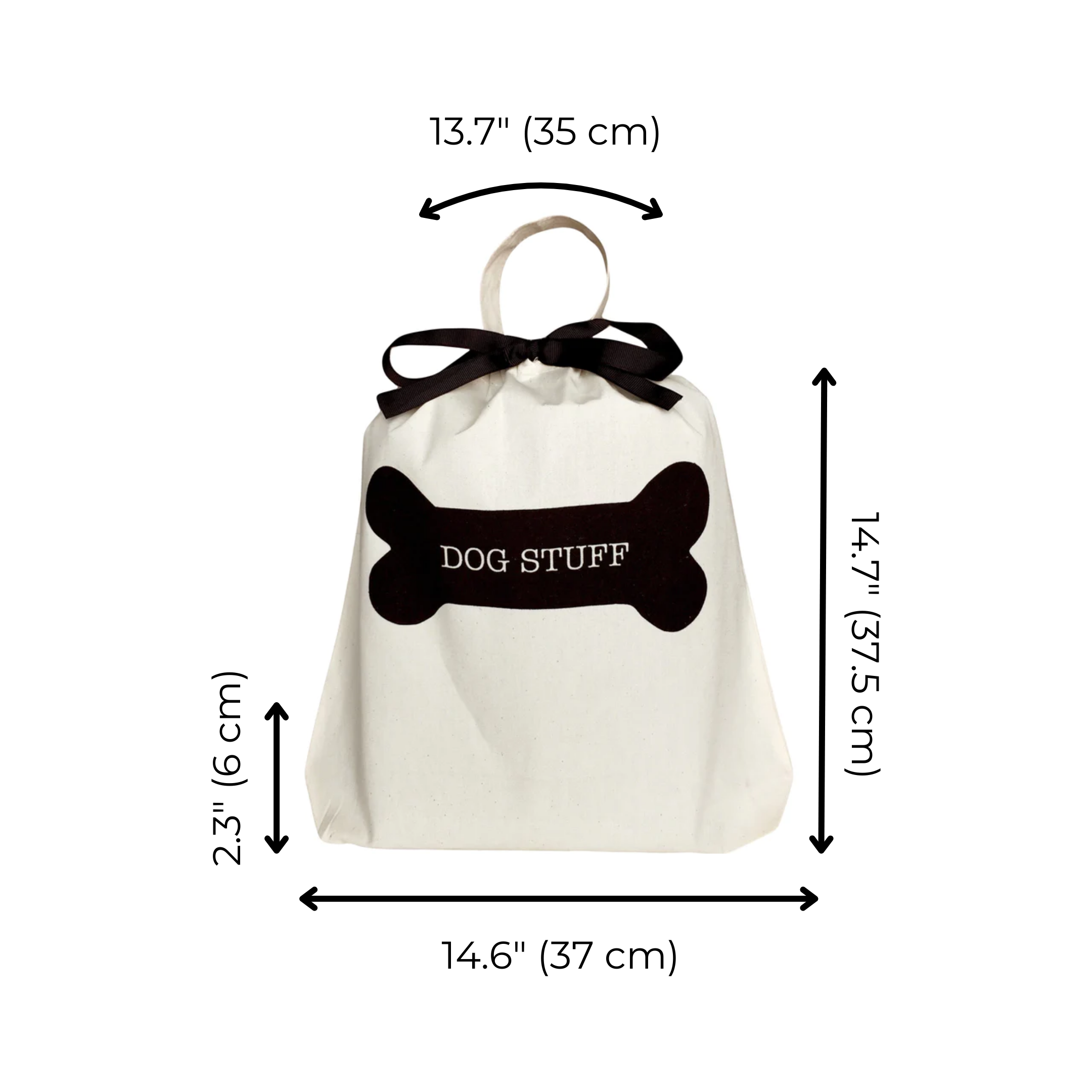 Bag-all Dog Stuff Bag in cream canvas with black bone design and bow, featuring measurements 37x35cm, perfect for organizing pet accessories and supplies