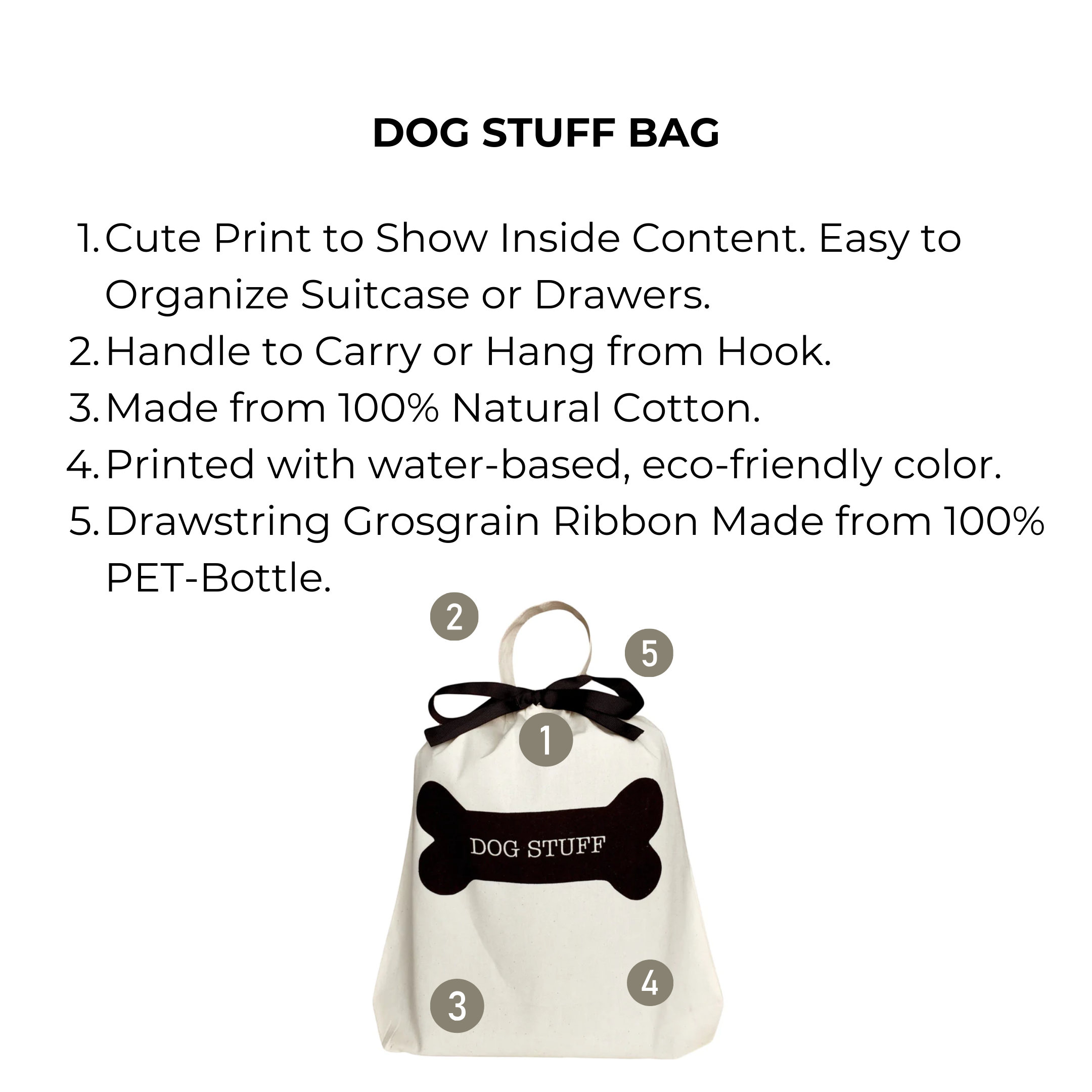 Bag-all Dog Stuff Bag in cream cotton with black bone print, drawstring closure and handle. Eco-friendly organizing bag for pet accessories and supplies featuring monogram option.