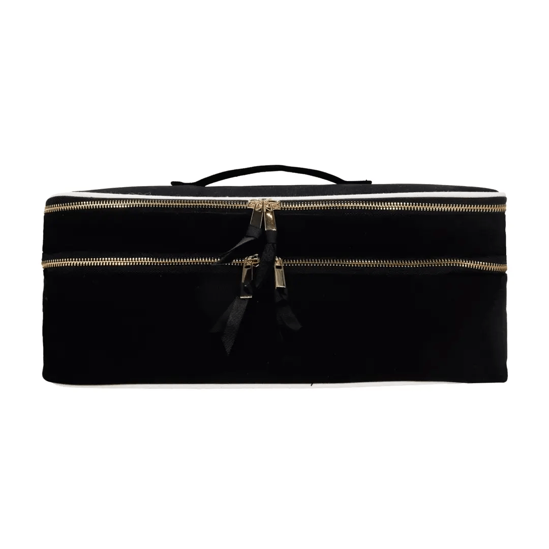 Bag-all Double Hair Tools Travel Case in black with dual compartments, gold zippers, and carrying handle - protective storage for Airwrap and styling accessories