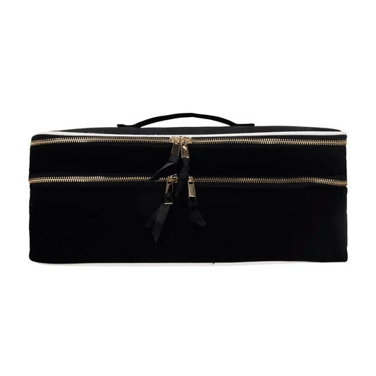 Bag-all Double Hair Tools Travel Case in black with dual compartments, gold zippers, and carrying handle - protective storage for Airwrap and styling accessories