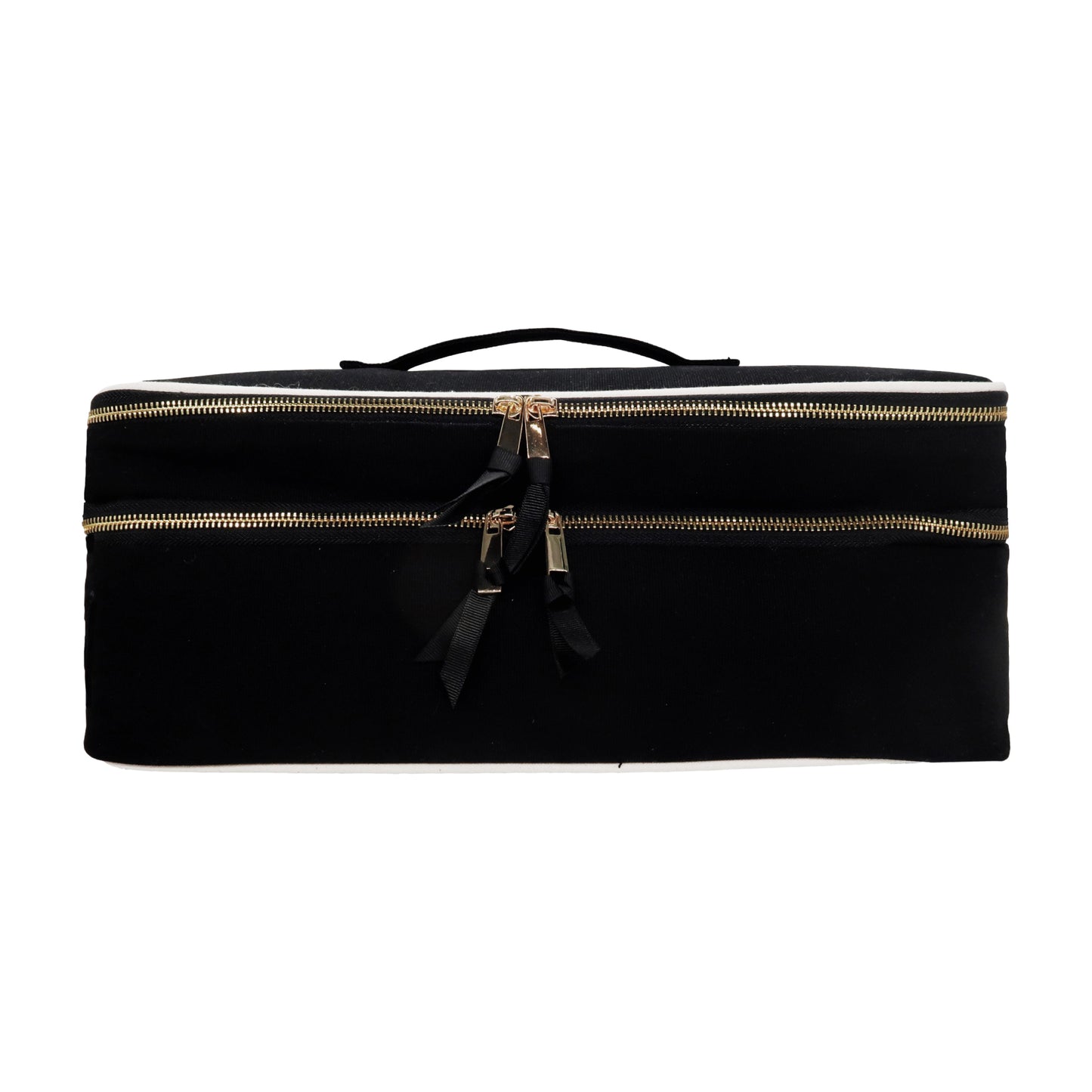 Bag-all Double Hair Tools Travel Case in black with dual compartments, gold zippers and heat-protective lining for Air wrap tools and accessories storage